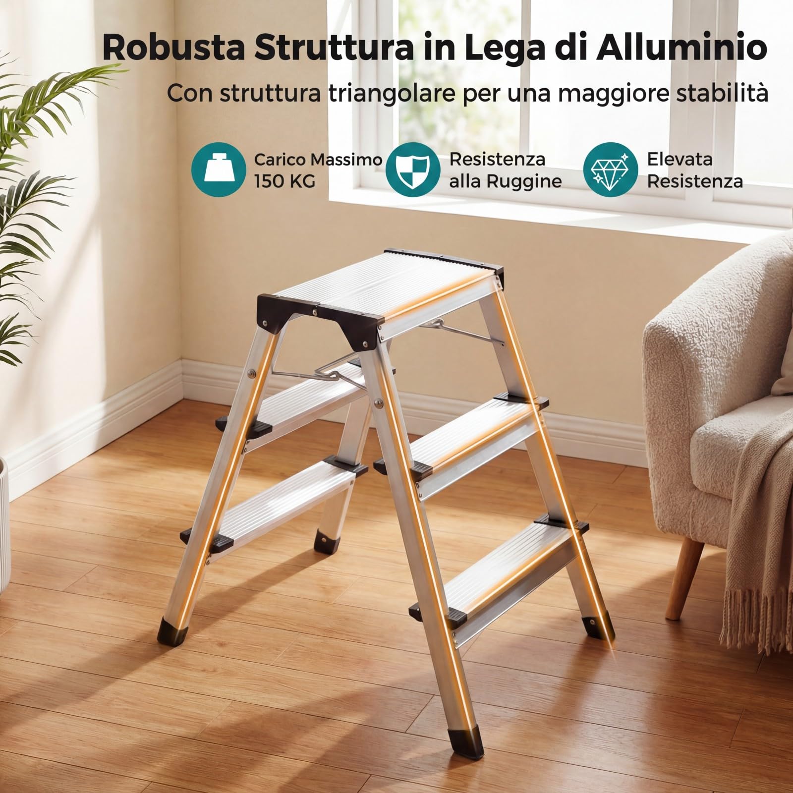 COSTWAY Scaletta Pieghevole in Alluminio, Scala a 3 Gradini Doppia con Pedane Larghe e Piedini Antiscivolo, Struttura Leggera, Portata 150 kg, per Casa, Ufficio e Garage