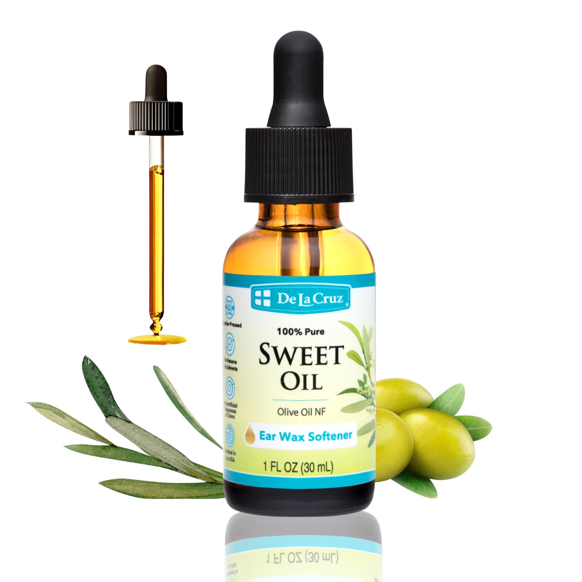 De La Cruz 100% Pure Sweet Oil for Ears with Glass Dropper - All Natural and Gentle Ear Wax Removal - 1 Fl OZ