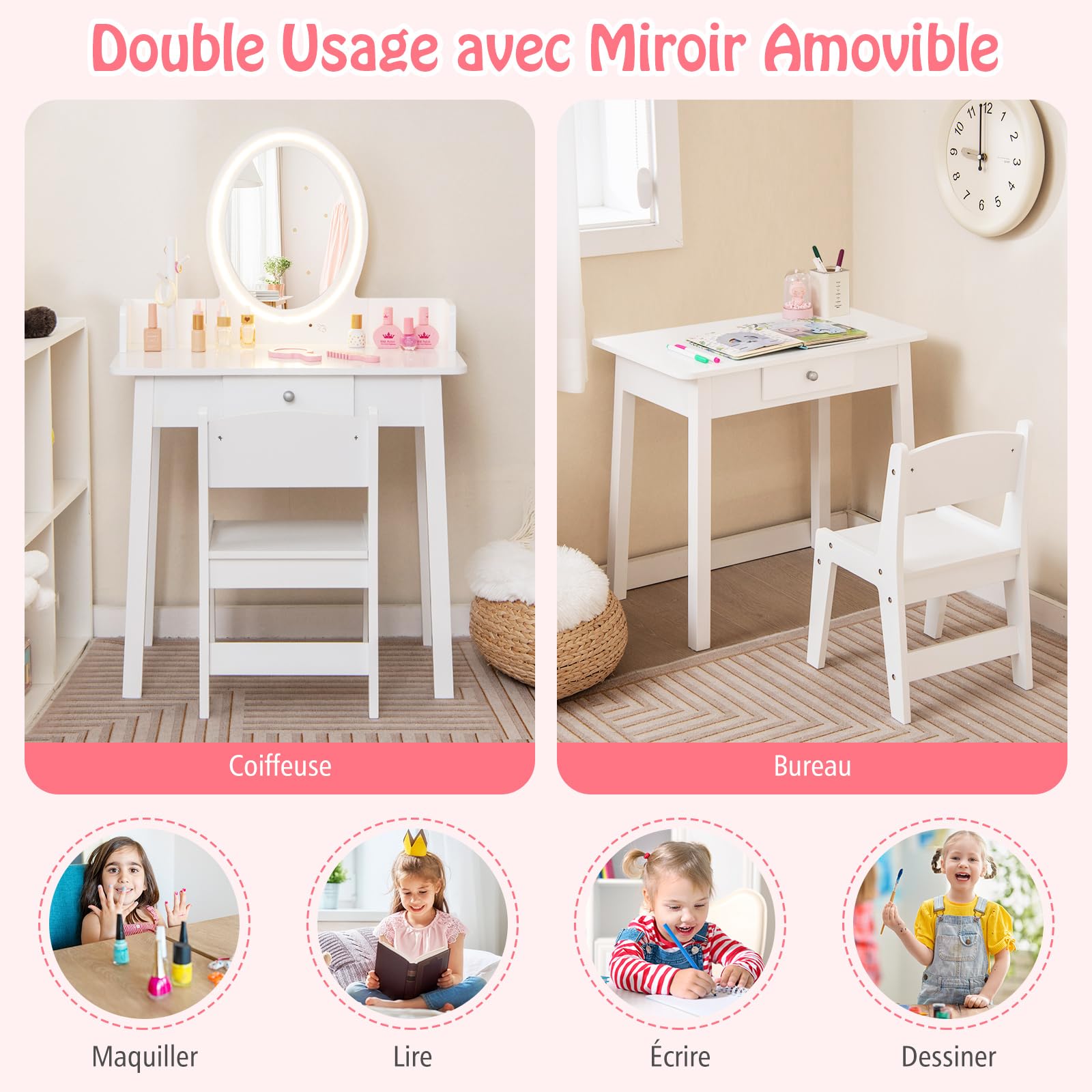 COSTWAY 2 en 1 Coiffeuse Enfants avec Miroir LED & Tabouret, Table de Maquillage avec Tiroir & Organisateur en Forme Arbre, Dispositif Anti-basculement, Charge 50kg pour Enfants de 3-8 Ans