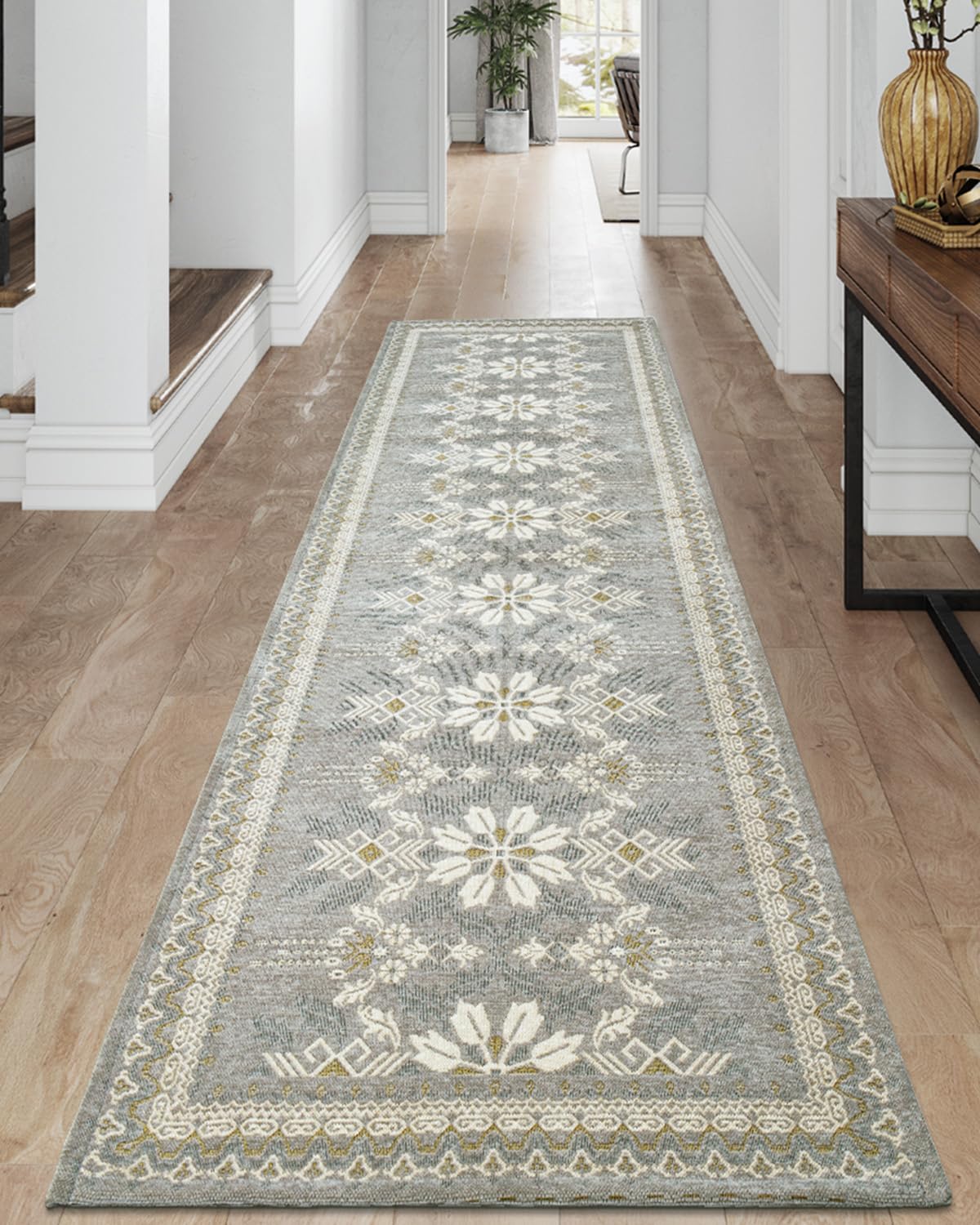 DEXI Runner Rugs for Hallway 2.3 x 8, Washable Non Slip Long Floor Hall Carpet, Vintage Floral Indoor Entry Rug for Entryway Kitchen Laundry Bedroom, Grey