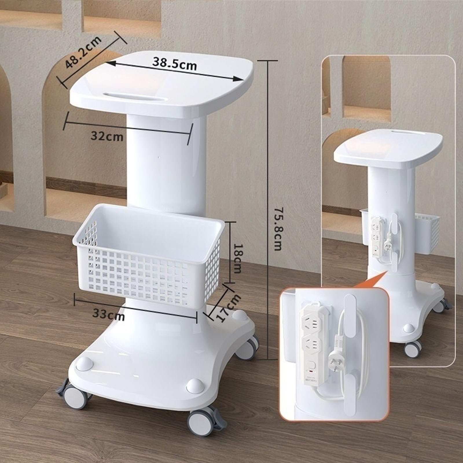 Carro móvil para salón de belleza con cesta de almacenamiento y ruedas para equipos y suministros de esteticista