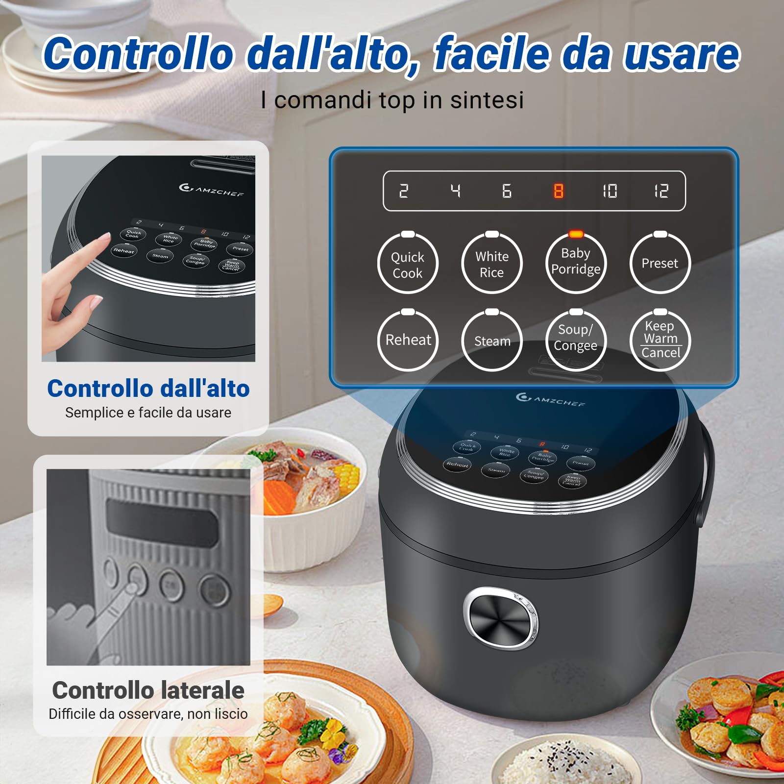 AMZCHEF Mini Cuociriso 2L, Multifunzionale per 1-4 Persone, 4 Tazze (Non Cotte) 400W Rice Cooker, 7 Funzioni di Cottura, con Cestello Vapore Incluso, Preimpostata e Mantenimento in Caldo