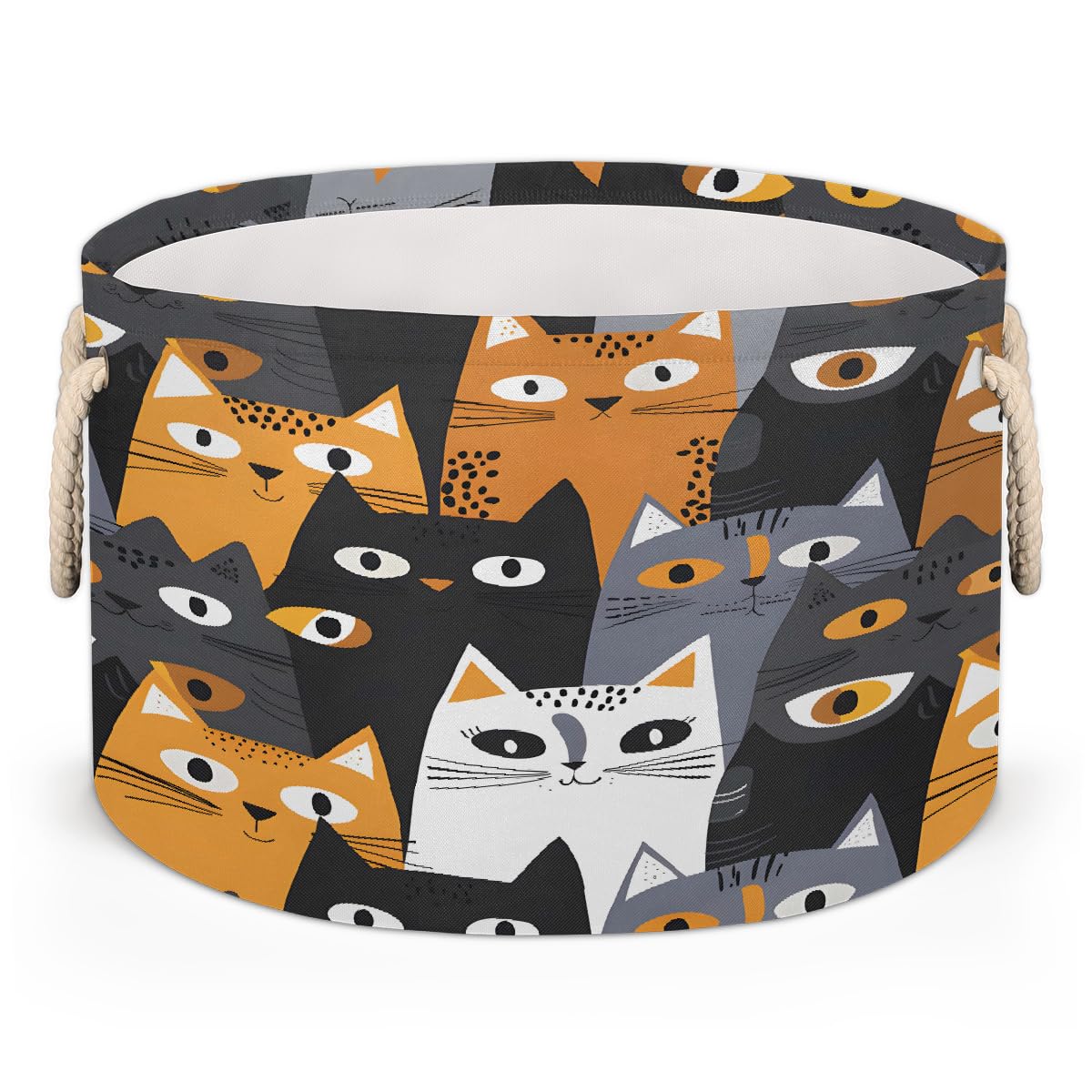 Large Round Storage Basket with Handle Cats Animals Colorful Kids Toy Storage Bin Foldable Laundry Hamper Cube Clothes Blanket Organizer Box for Living Room Nursery Bedroom Laundry Room Storage Decor