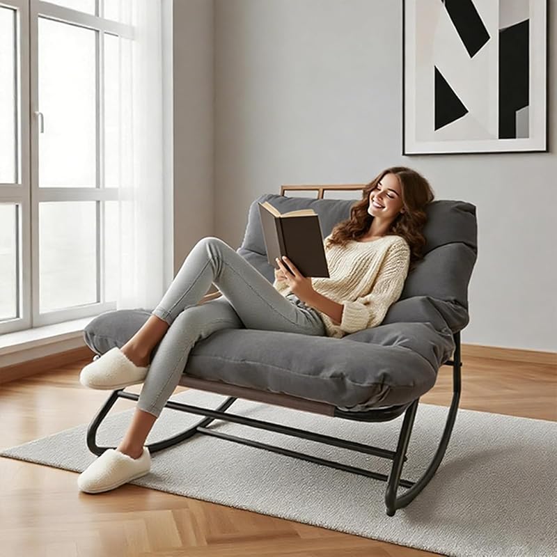 Oversized Papasan Rocking Chair with Plush Cushion, 350 Lbs Weight Capacity Stable Patio Rocker, Multi Use Indoor Outdoor Lounge Chair for Garden Lawn Bedroom Living Room Balcony, Gray