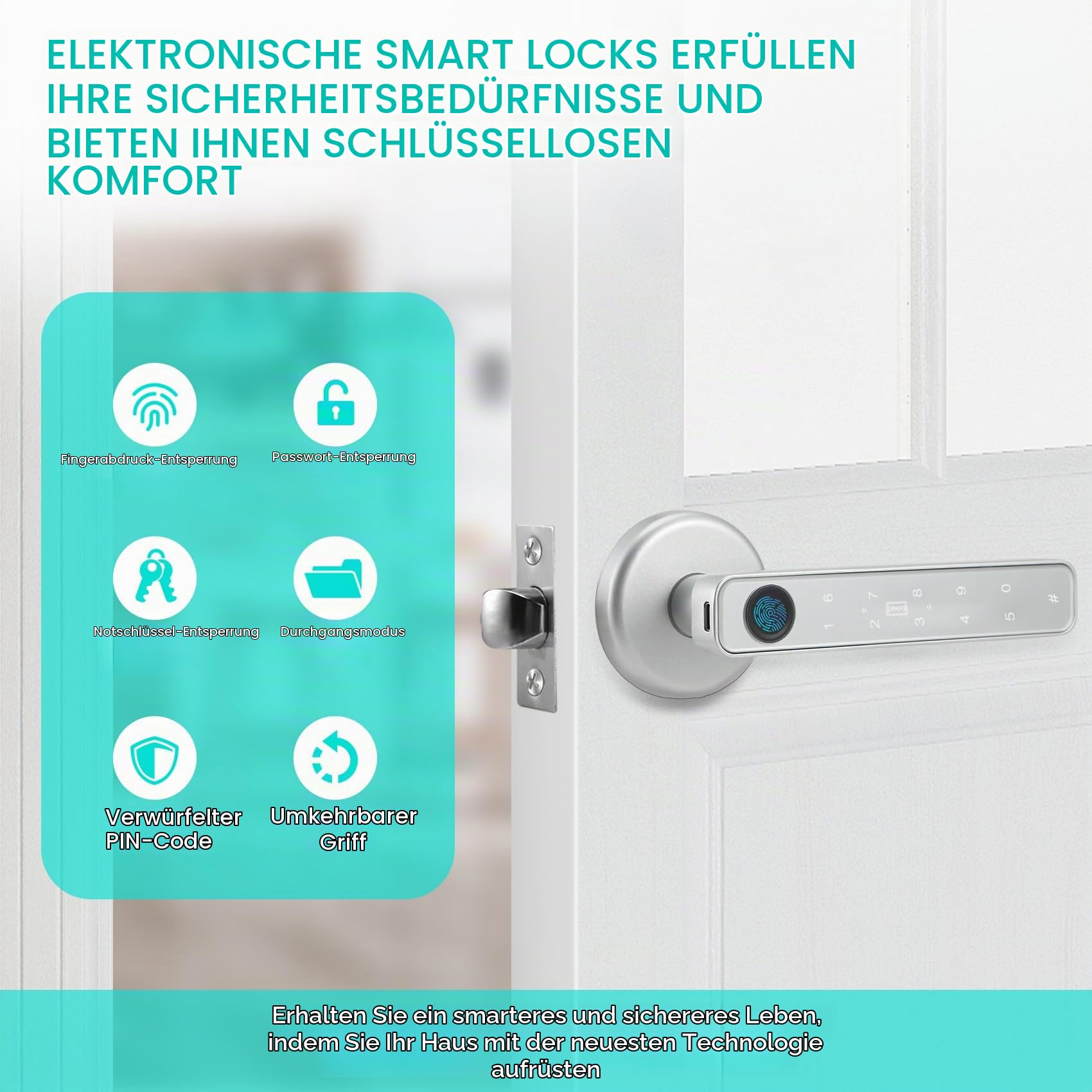 Smart Türschloss Fingerabdruck, Tastaturschloss mit Griff, Elektronisches Riegelschloss Per App Gesteuert, Code-Entriegelung/Touch, Intelligentes Türschloss für Haustür, Haus, Büro, Wohnung