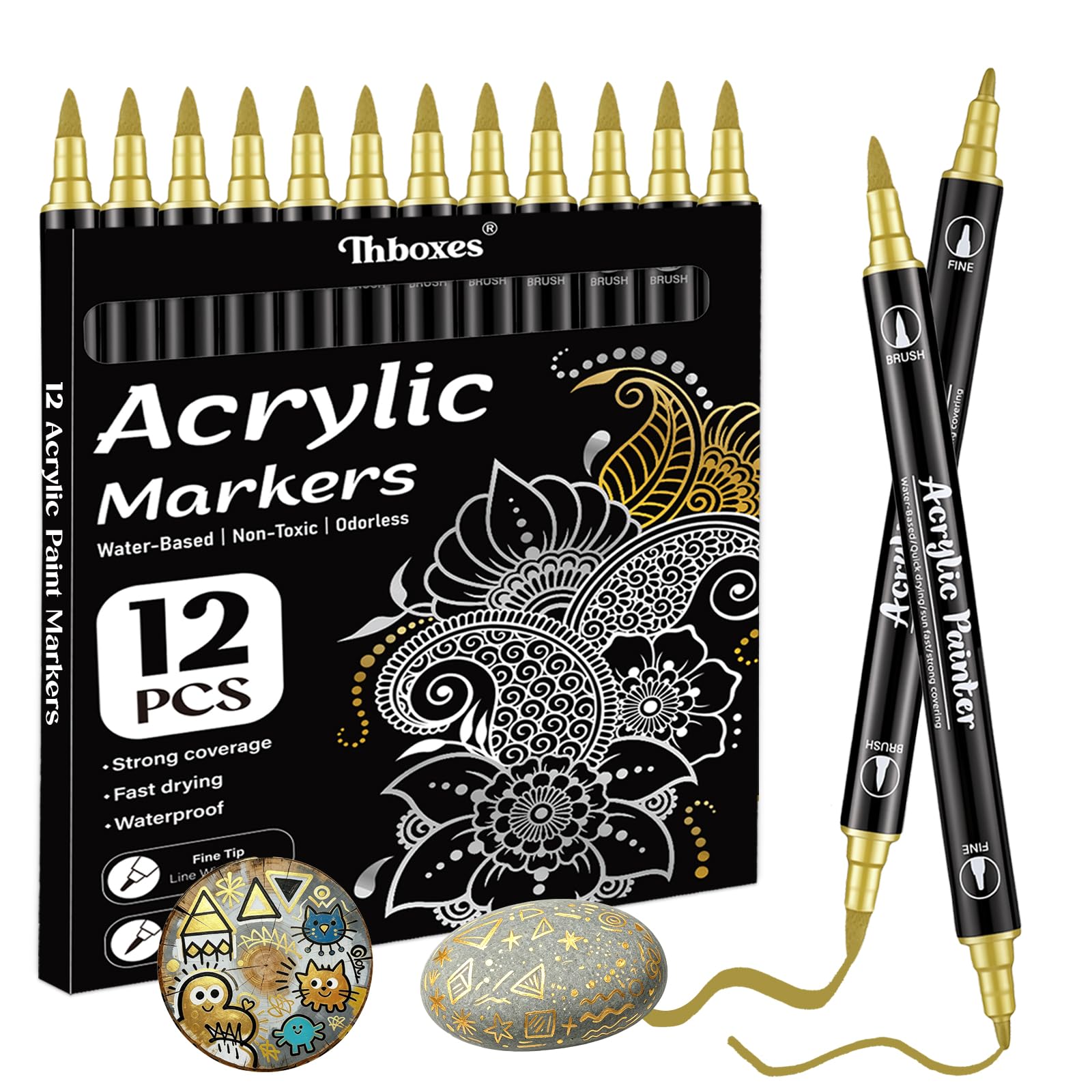 Thboxes Acrylic Paint Pens, 12 Gold Dual Tip Markers for Rock Glass