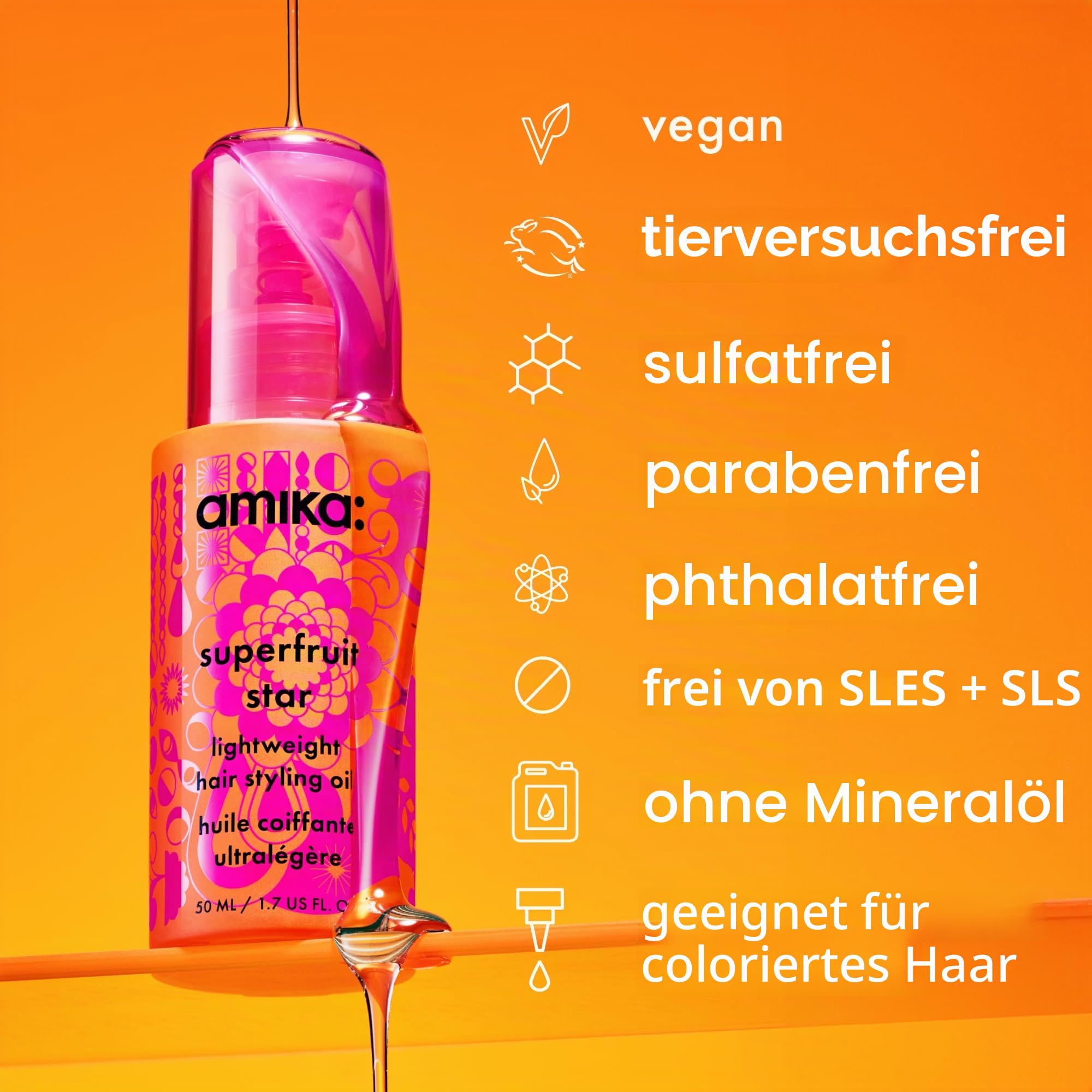 amika Superfruit Star Lightweight Hair Styling + Heat Defense Oil 50 ml | Leichtes Haaröl & Styling-Öl für Glanz & Anti-Frizz | Hitzeschutzöl bis 230 °C für alle Haartypen| vegan