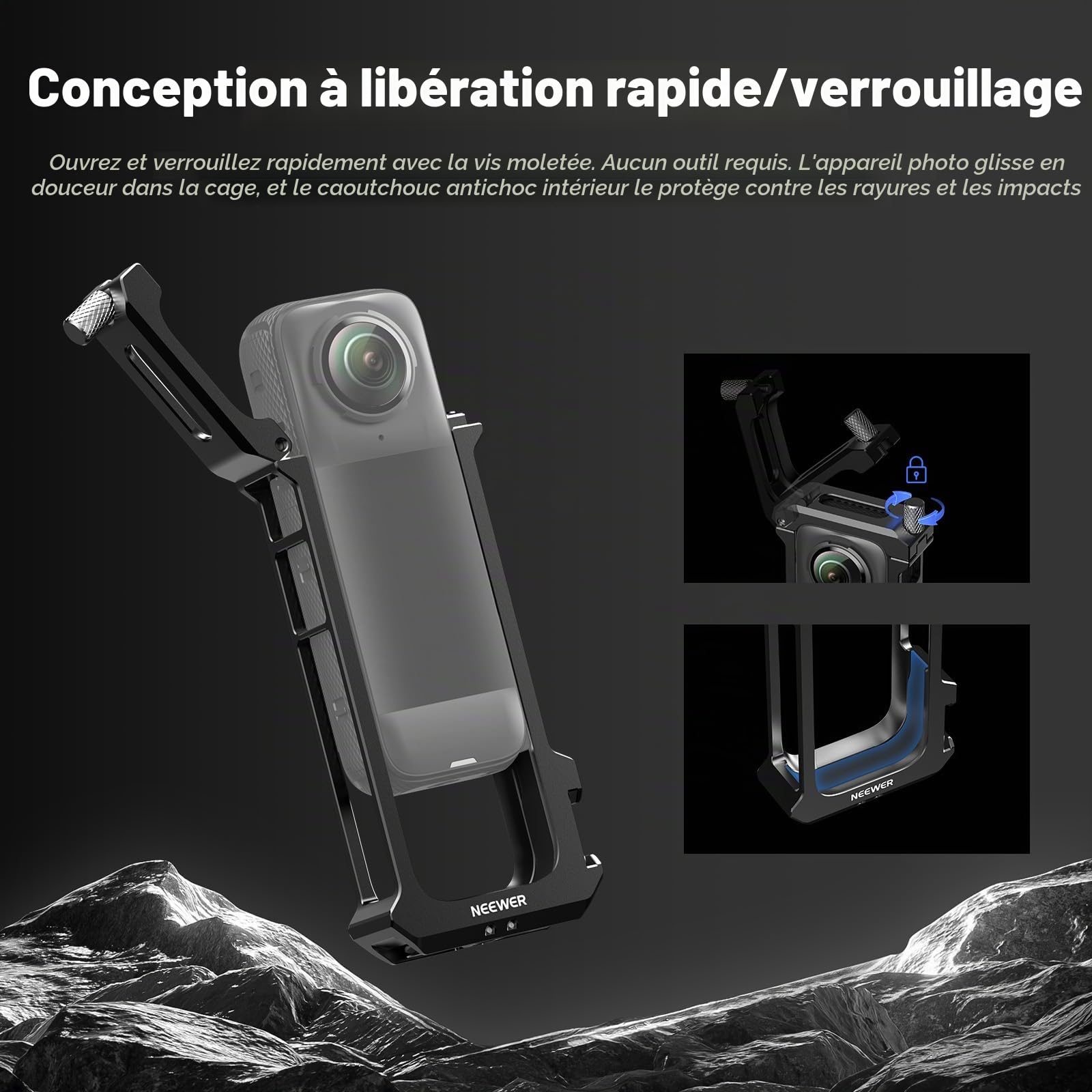 NEEWER Cage de Protection Compatible avec Insta 360 X4 Insta360 X4 Caméra d'action,Support Vidéo en Alliage d'Aluminium avec Fixation Rapide, Adaptateur de Montage,Filetage 1/4",Bouchon d'Objectif
