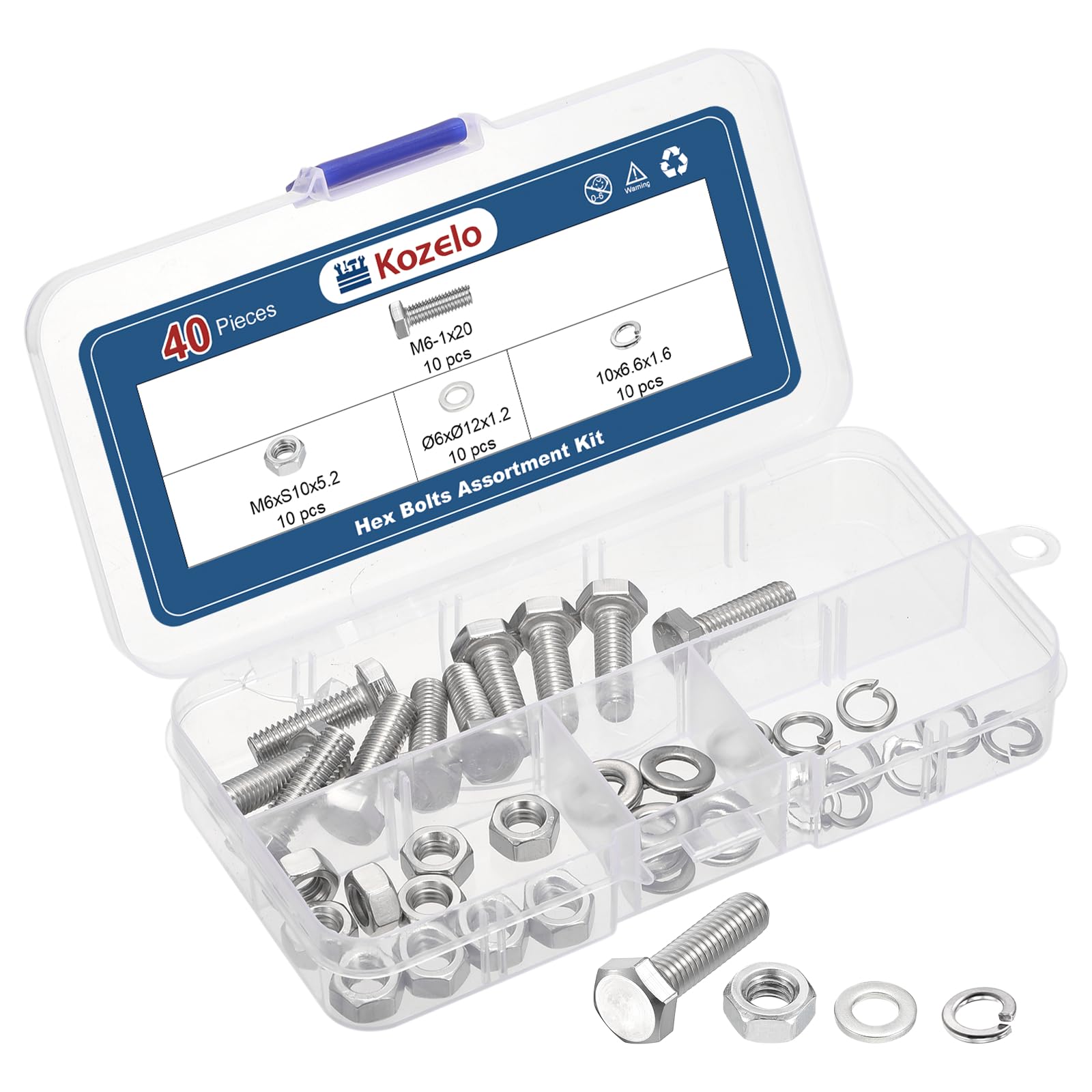 Kozelo 40 Pcs Bolts and Nuts Washers Kit - [M6-1x20] 304 Stainless Steel Hex Tap Bolt Assortment Fully Threaded Hexagon Head Machine Bolts Right Hand External Hex Drive, Silver Tone — image 1