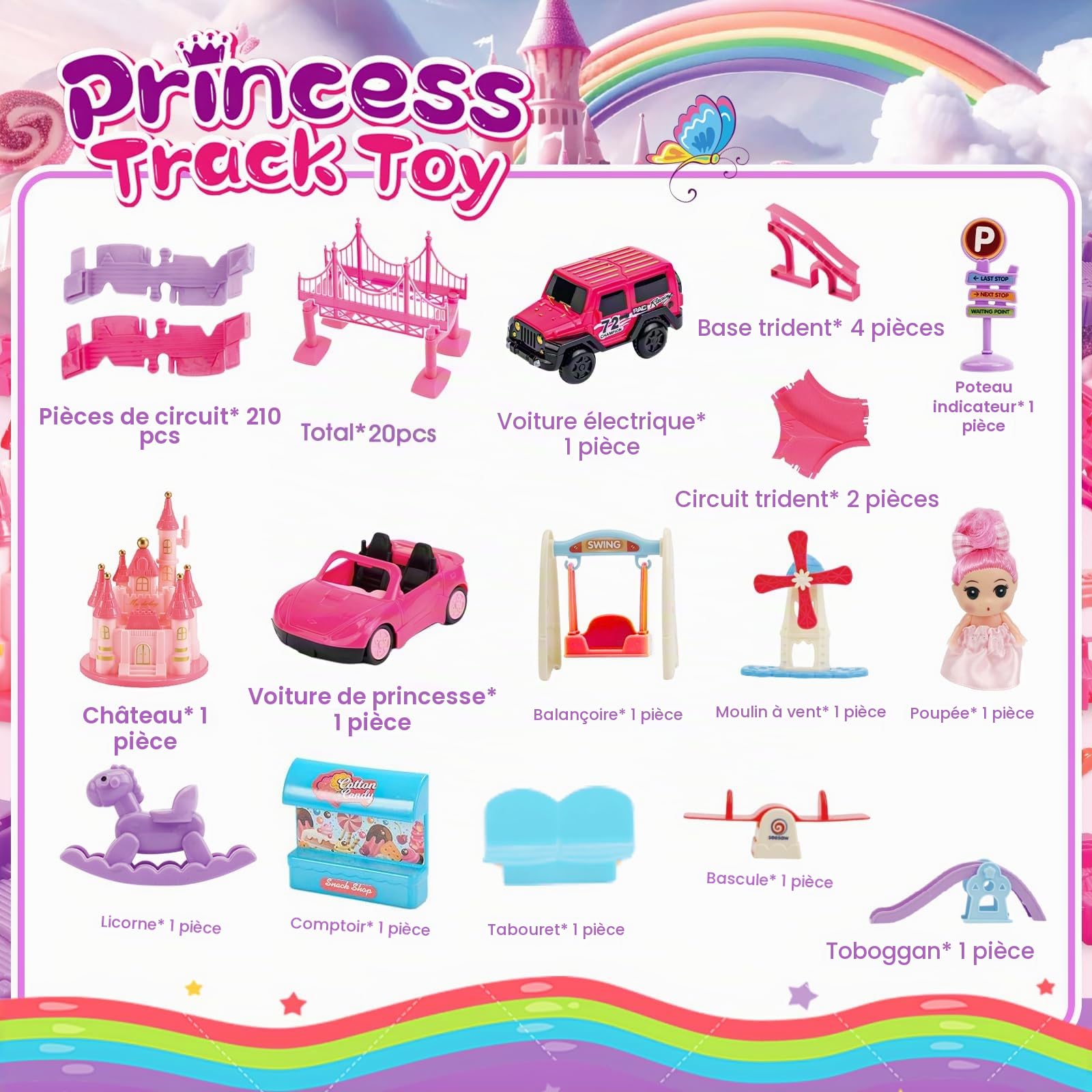 Rocky&Chao Circuit de Voitures Jouet 248 pièces avec poupée, Piste Flexible Rose avec Voitures, Jeu Enfant Fille dès 3 4 5 6 Ans