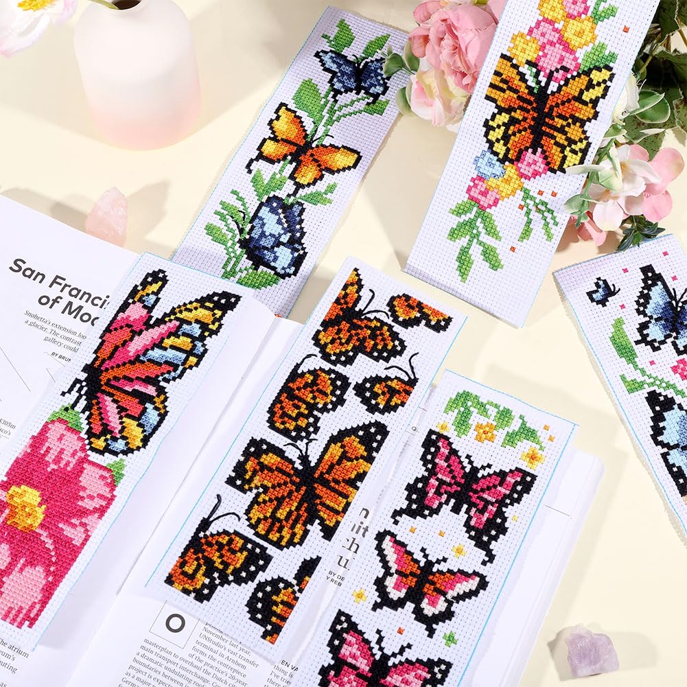 ORIGACH 6 Pcs Cross Stitch Bookmark Kit for Beginner Adults Butterflies and Flowers Stamped Embroidery Bookmark Kit with Instruction for Starters Printed Cross Stitch DIY Kits for Book Lovers - Image 4