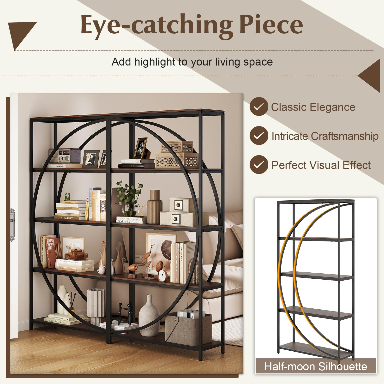 GIANTEX Estantería Alta de 5 Niveles, Librería Independiente en Forma de Media Luna con Estructura de Metal, Mueble de Exhibición para Salón, Estudio, Oficina, 86 x 30 x 175 cm (Marrón)