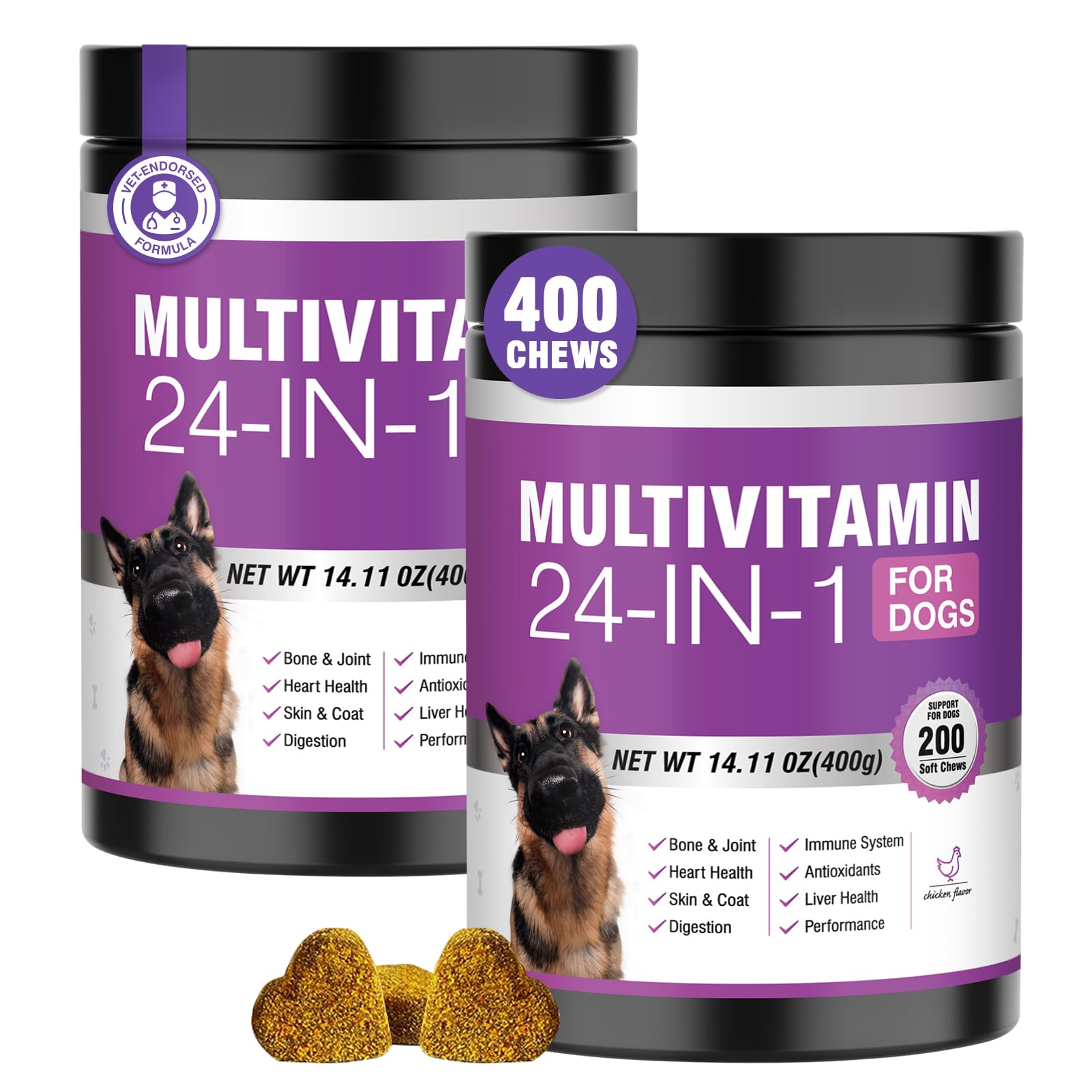 24-in-1 Dog Vitamins and Supplements 200 Ct Dogs Multivitamin Chewable Contain Chondroitin Probiotics Omega-3 Glucosamine for Dogs Skin Coat Heart Joint Gut Liver Brain Eyes Immune Support - Chicken — Amazon image 10