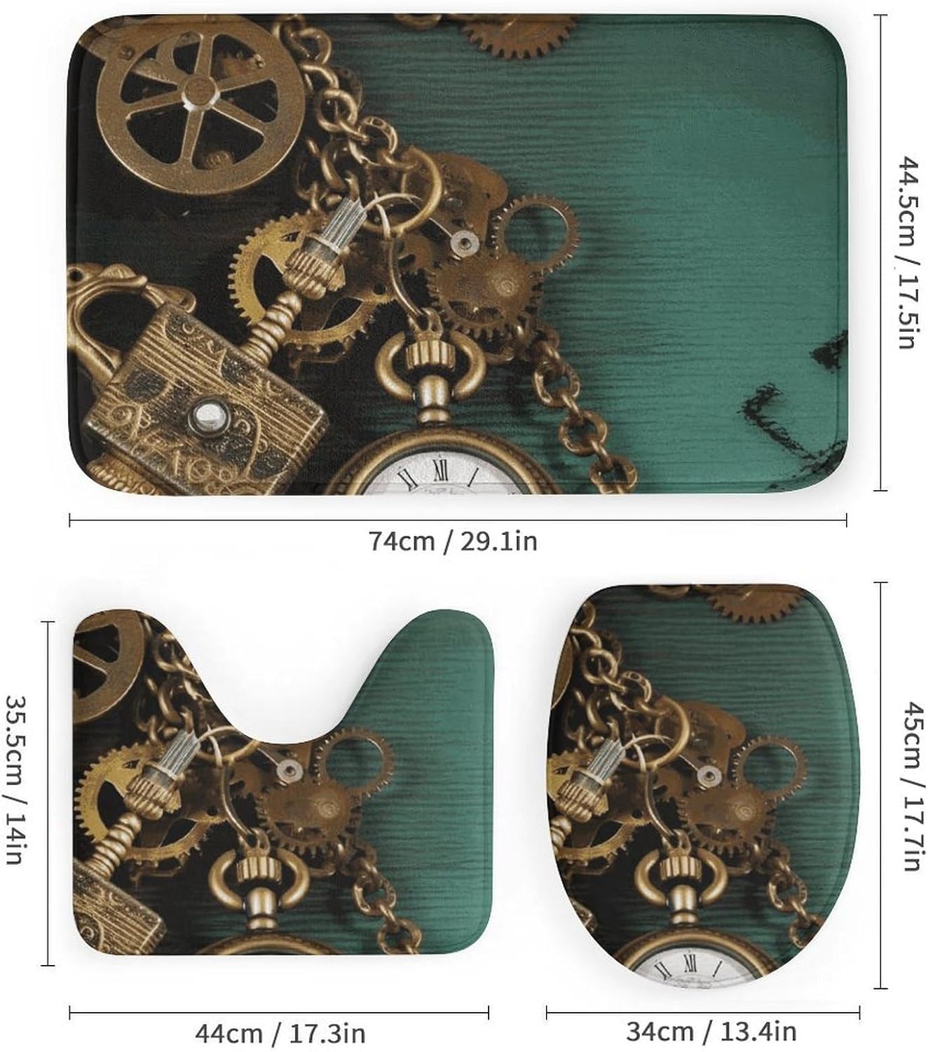 Steampunk Watches Keys and Chains Shower Curtains Set 4 Piece with Non-Slip Rugs, Toilet Lid Cover and Bath Mat Soft Bathroom Carpet Waterproof Bathroom Curtain with 12 Hooks for Bathroom Decor