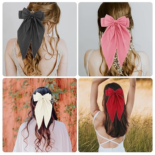 Miniatura 7 de 4 lazos grandes para el cabello, pinzas grandes para el cabello, pasadores franceses de color sólido, lazo sedoso de satén de cola larga, lazos para
