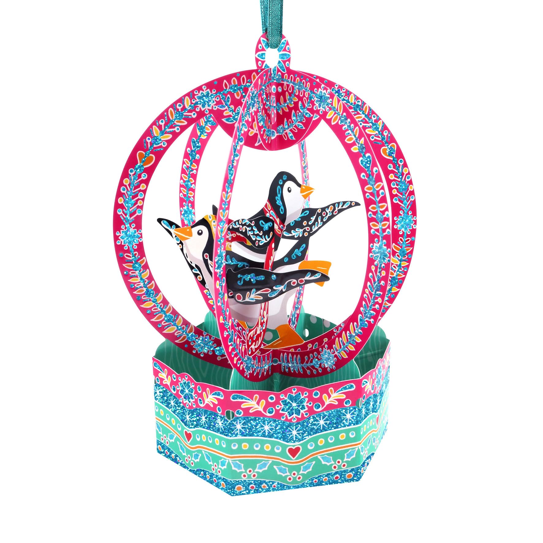 Santoro Multi Color Baubles, 3D Pop Up Greeting Card & Decorative Hanging Ornament- Snow Globe Penguins - For Kids, Family, Birthday