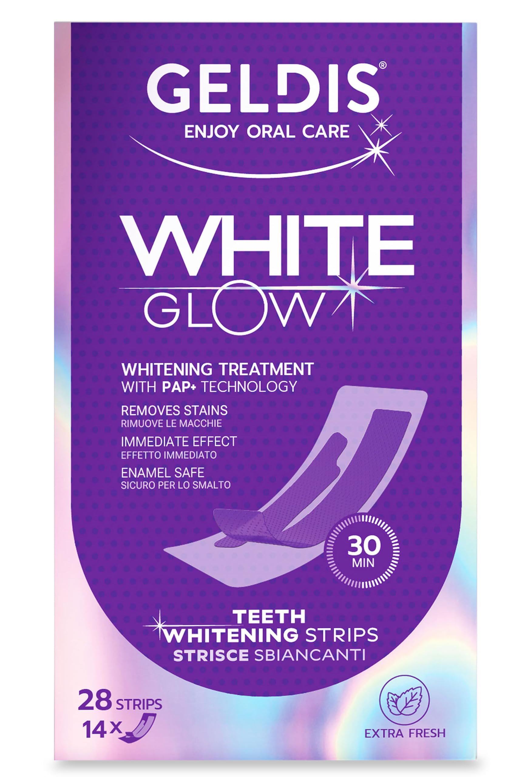 GELDIS Whitening Strips WHITEGlow, Striscie Sbianca Denti, 28 strisce per 14 giorni, Rimuove Macchie Superficiali, Delicate su Smalto e Gengive, Facili da Usare