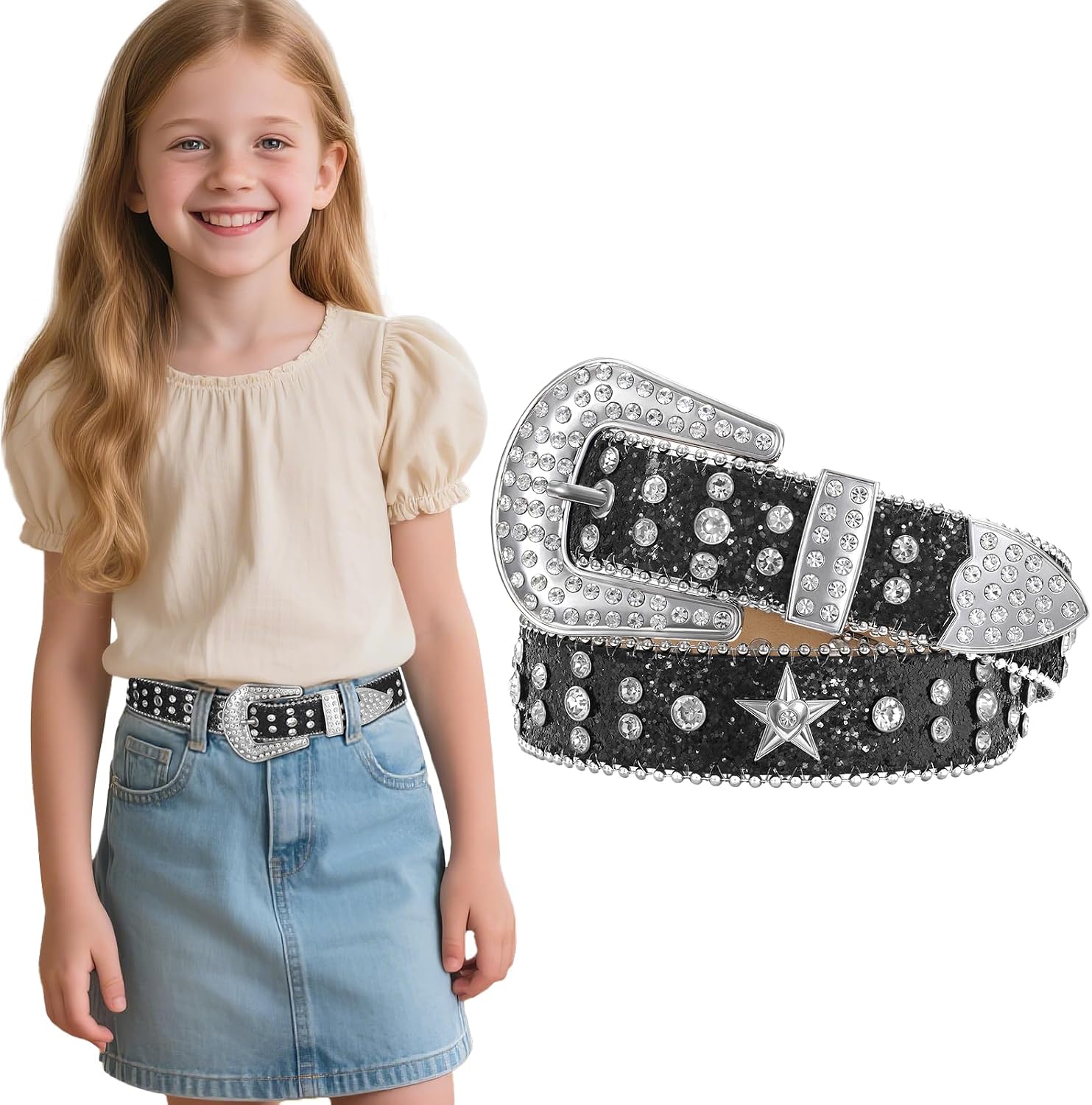 Kids Rhinestone Belt for Girls Boys Western Cowboy Cowgirl Belts Diamond Studded Bling Leather Belt for Kids