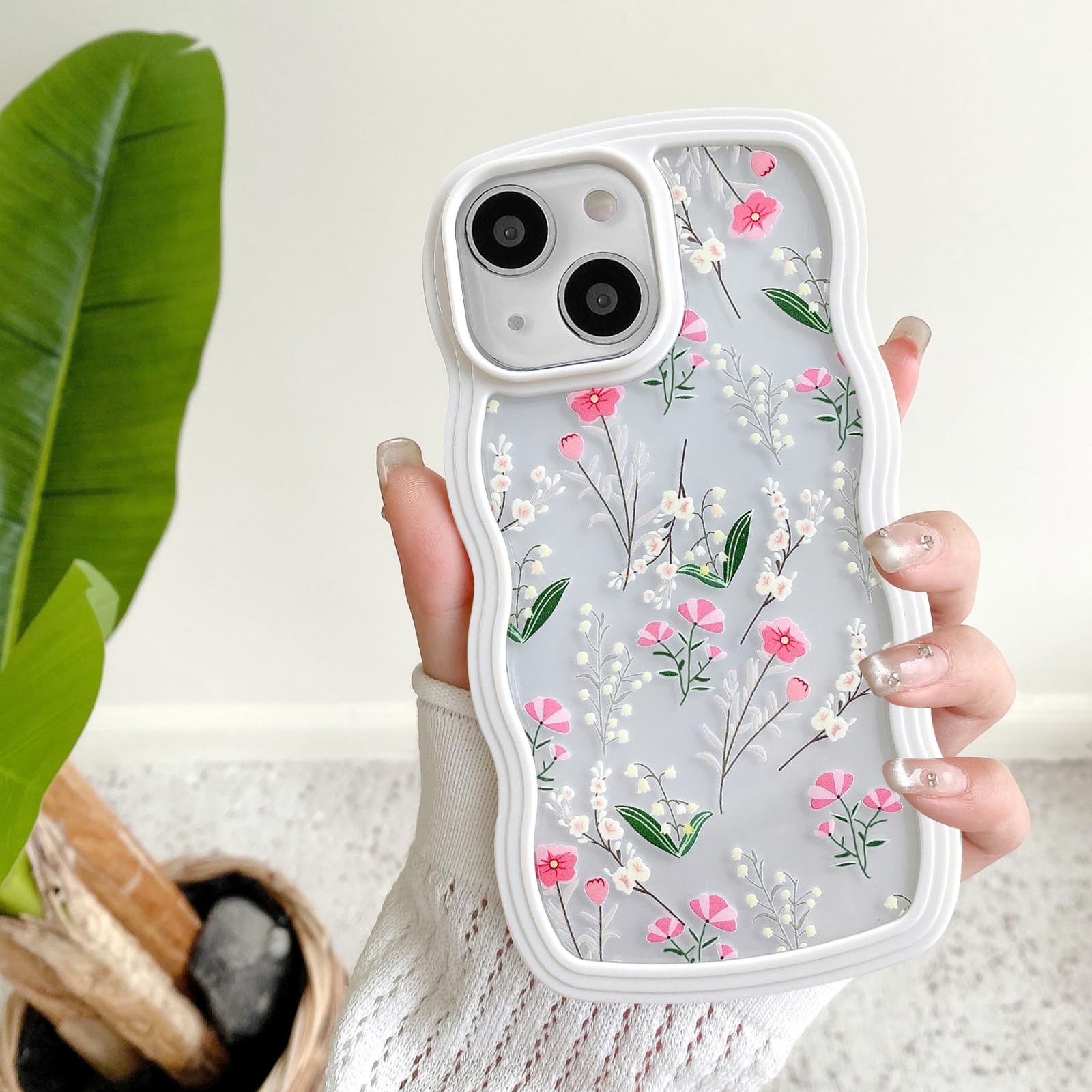 UEEBAI Wave Frame Clear Case for iPhone 15 6.1 inch, Wavy Flower Case Pretty Floral Cute Curly Clear Case Stylish Soft Phone Case Anti-Yellow Pretty