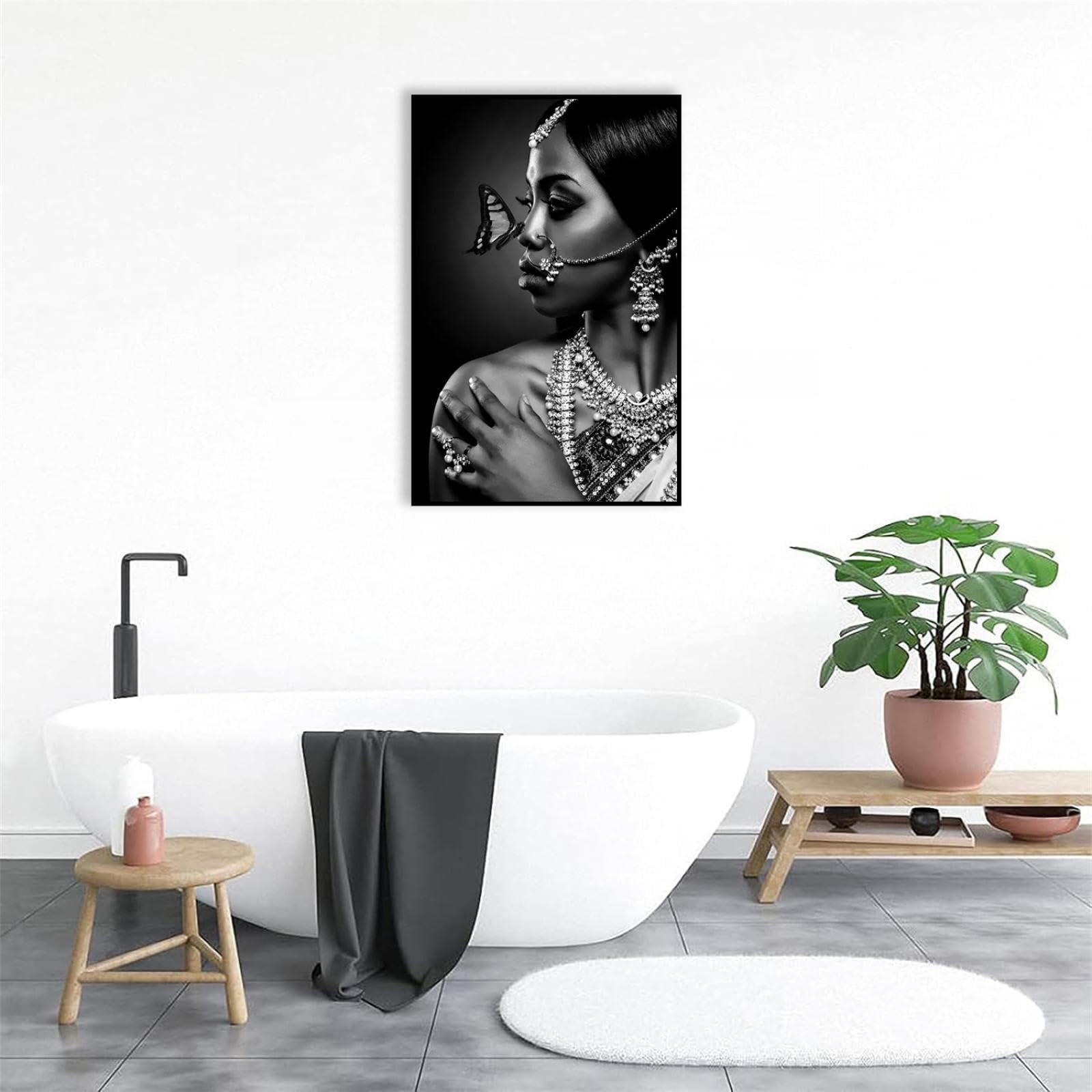 MOBYAT Joyería en blanco y negro,mujeres indias con mariposas,carteles e impresiones,pintura artística en lienzo,cuadro artístico de pared para sala de estar,90x60cm(36x24 pulgadas),marco negro