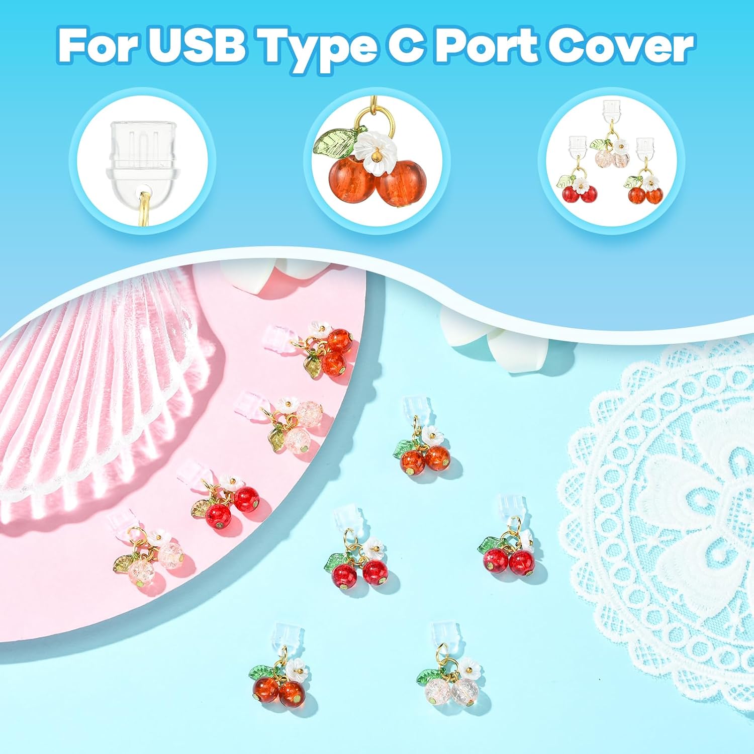 Dust Plug Charm Type C USB C Dust Plug with Flower Cherry Pendant Unique Charging Port Protector for Most Type C Phones Laptops E-Reader Accessories（Red image 4