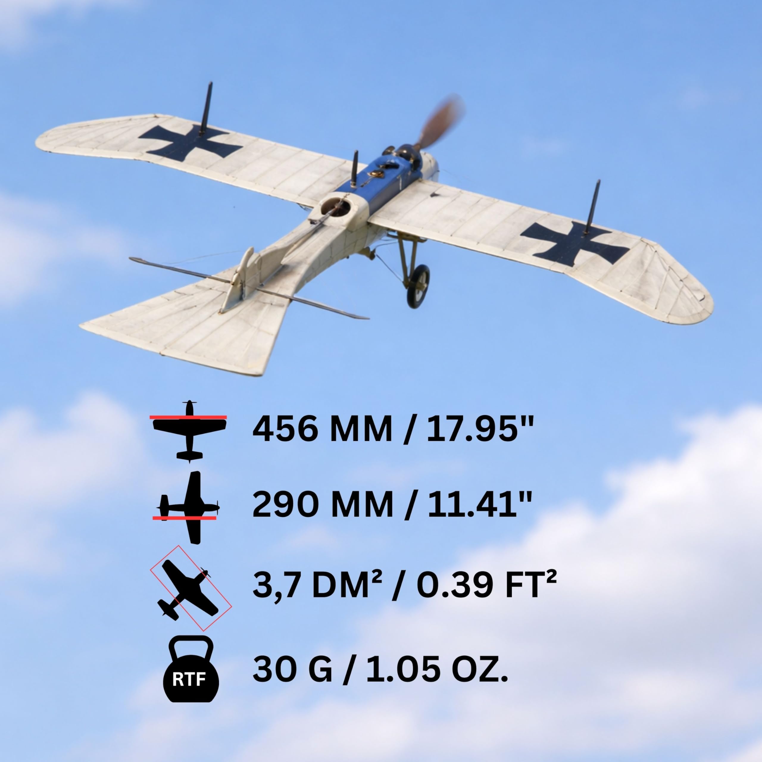Etrich Taube Slow Flyer Modellflugzeug Kit, Maßstab 1:30, 456 mm Spannweite, RC Flugzeugmodell Baukasten, Modell Flugzeug zum selbst Bauen, gelaserte Balsa Holz Bauteile, 456 x 290 x 125 mm, 30 g RTF