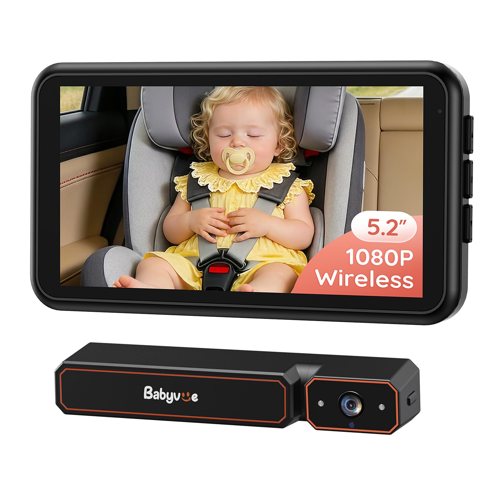 Babyvue Wireless Baby Car Monitor Fast Setup, 3X Zoom Car Baby Camera with HD1080P IR Night Vision, 5.2" Display Backseat Camera for Kids