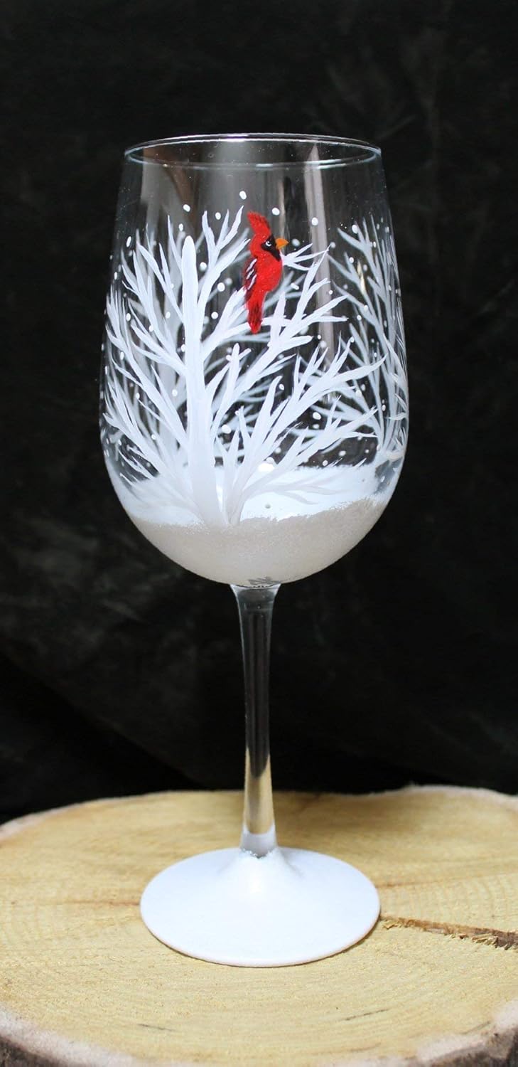 Hand Painted Wine Glasses - Winter Snow with Cardinal (Set of 2)