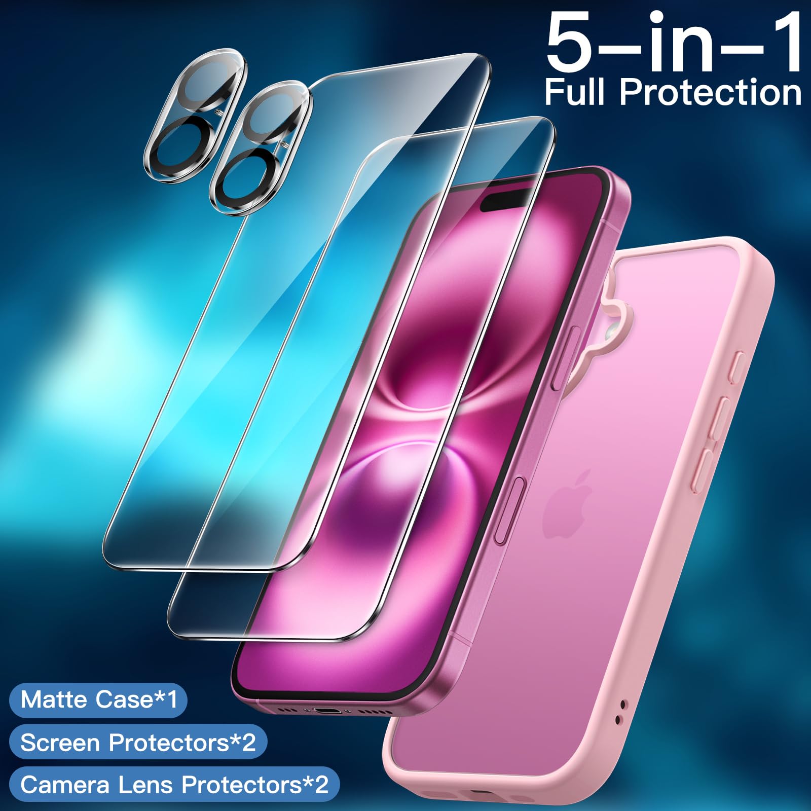 JETech 5 in 1 Matte Case for iPhone 16 6.1-Inch with 2-Pack Each Tempered Glass Screen Protector and Camera Lens Protector - Image 3