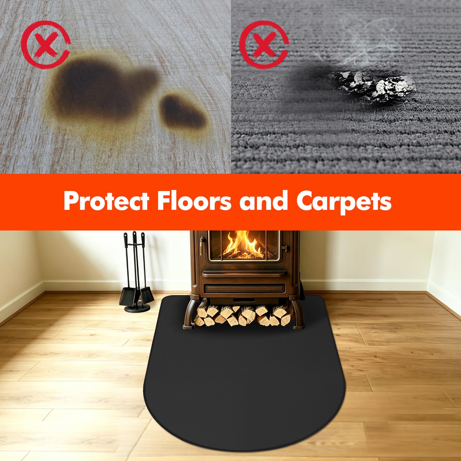Tapis de cheminée rond résistant au feu Noir 110 x 85 x 0,1 cm | Tapis ignifuge 1000 °C pour brûleur à bûches, tapis de protection contre les étincelles, facile à nettoyer, polyvalent
