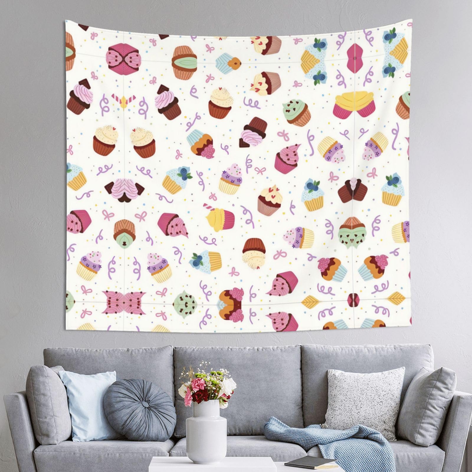 HLSBSSL 60x51in Delicious Cupcakes Printed Tapestry Tablecloth for Dormitory and Picnic Rooms - Multifunctional Fabric Hanging