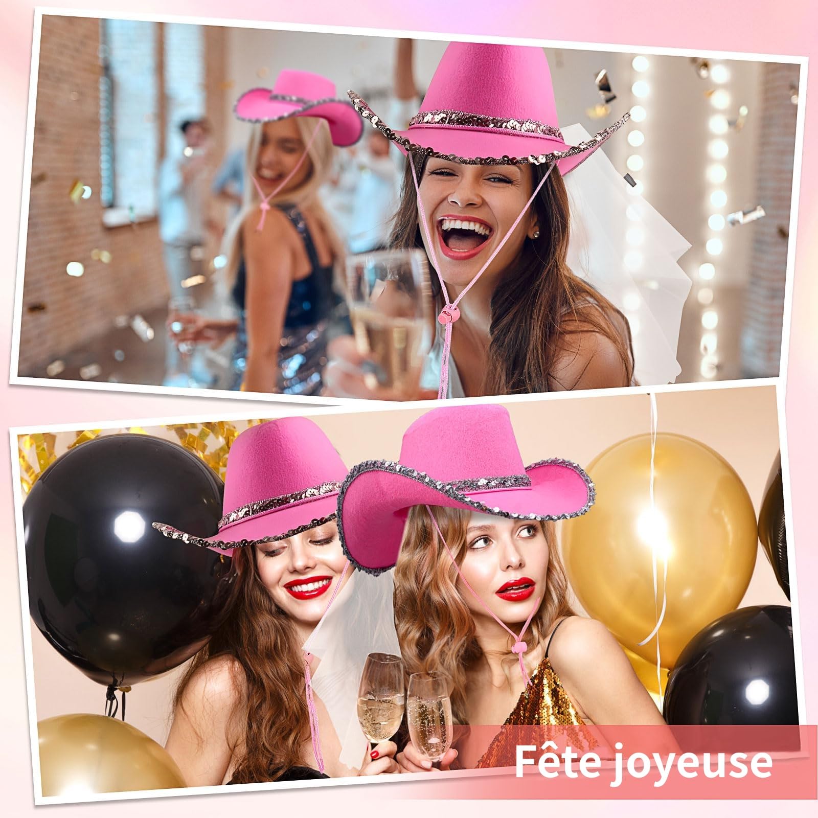 Lot de 8 Femme Chapeaux Cowboy Roses à Pailletés, Western Cowboy Accessoires pour Femme, Chapeaux Texans idéal pour Fêtes Western, Enterrement de Vie de Jeune Fille, Anniversaires