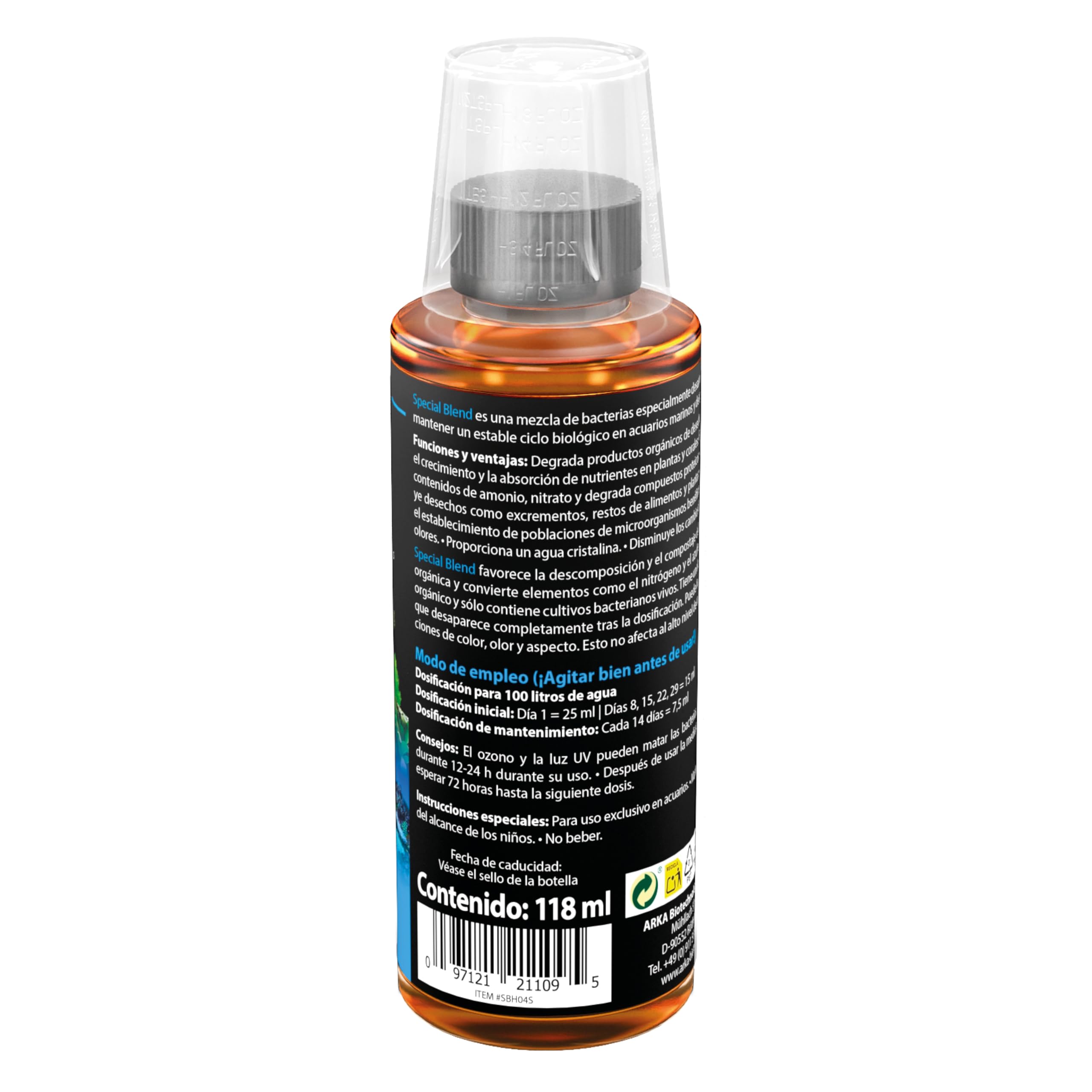 Bacterias Acuario 118 ml – ARKA Special Blend – Elimina nitratos y residuos orgánicos – Agua cristalina sin Olor – Dulce y Salado – fórmula biológica Premium para un ecosistema Estable