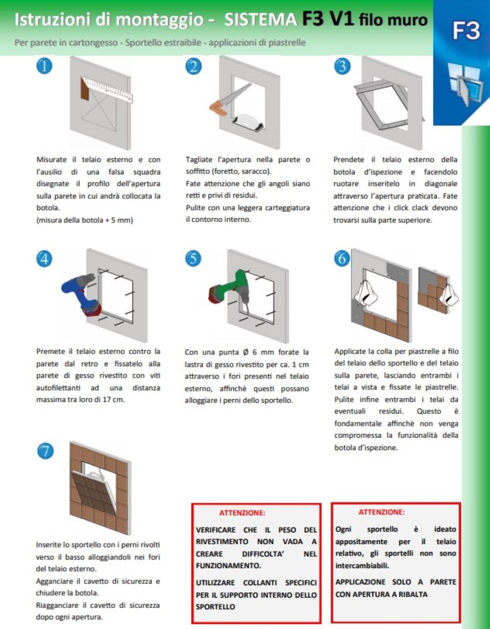 Botole di ispezione piastrellabili per strutture in cartongesso da interno con anta estraibile: per lastre da mm. 12.5 - Per uso interno - Variante piastrellabile con coni (60xh40)