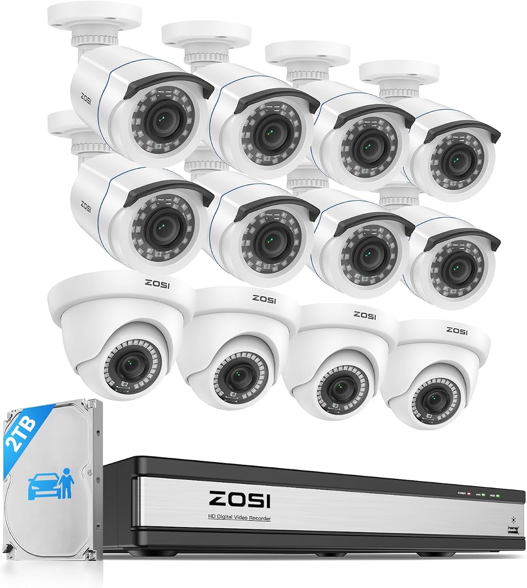 Sistema de cámara de seguridad con cable ZOSI 3K Lite de 16 canales, 12 cámaras de 2 MP, disco duro de 2 TB | Grabador DVR CCTV H.265+ de 16 canales, detección de vehículos humanos AI, interior exterior, visión nocturna de 80 pies, acceso remoto
