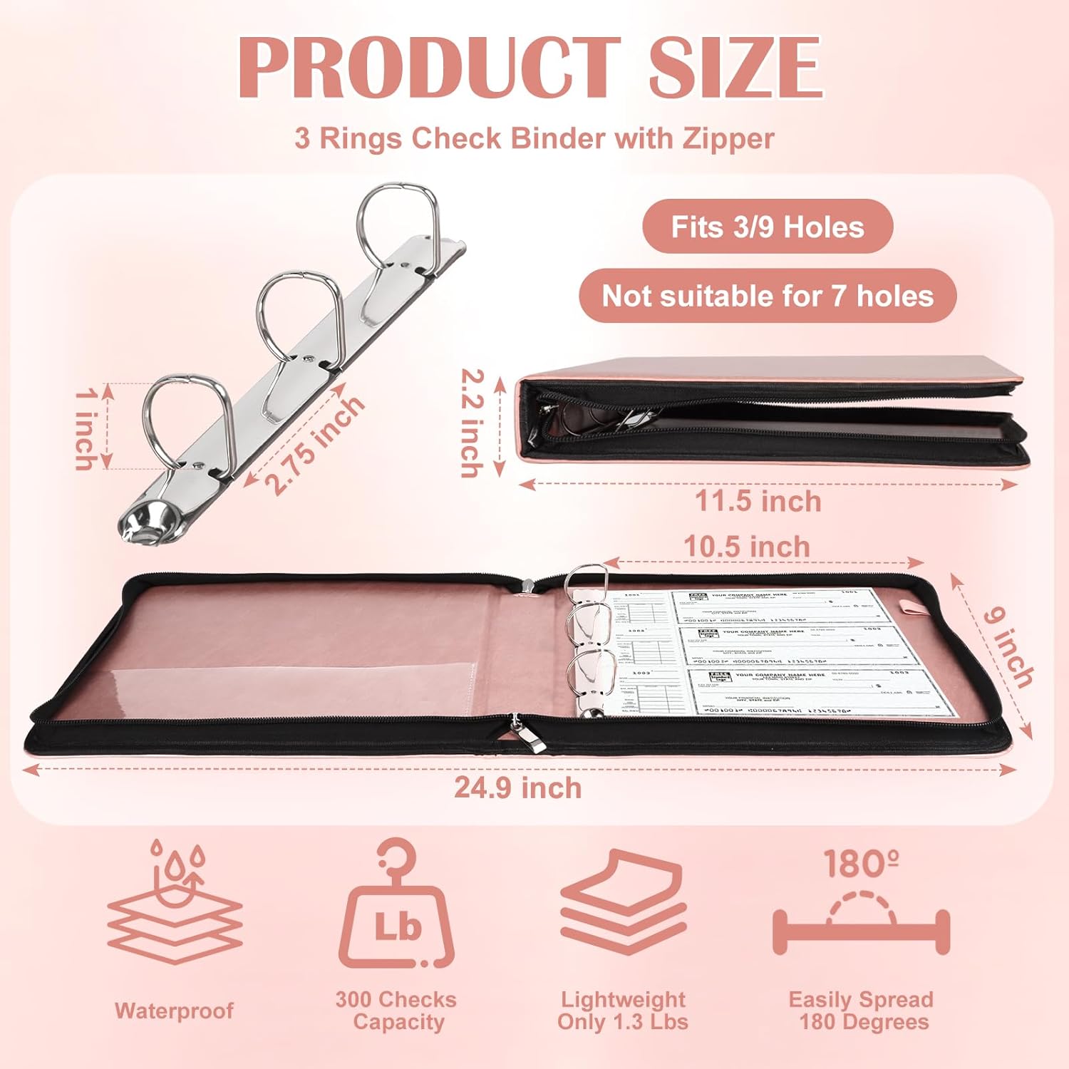 3 Rings Check Binder with Zipper PU Leather Cover for End-Stub Deskbook Personal Checks Binder for Desk fit 3 & 9 Holes Checkbook Cover 1″ D Ring for Office (Not Fit 7 Holes,Rose Gold)