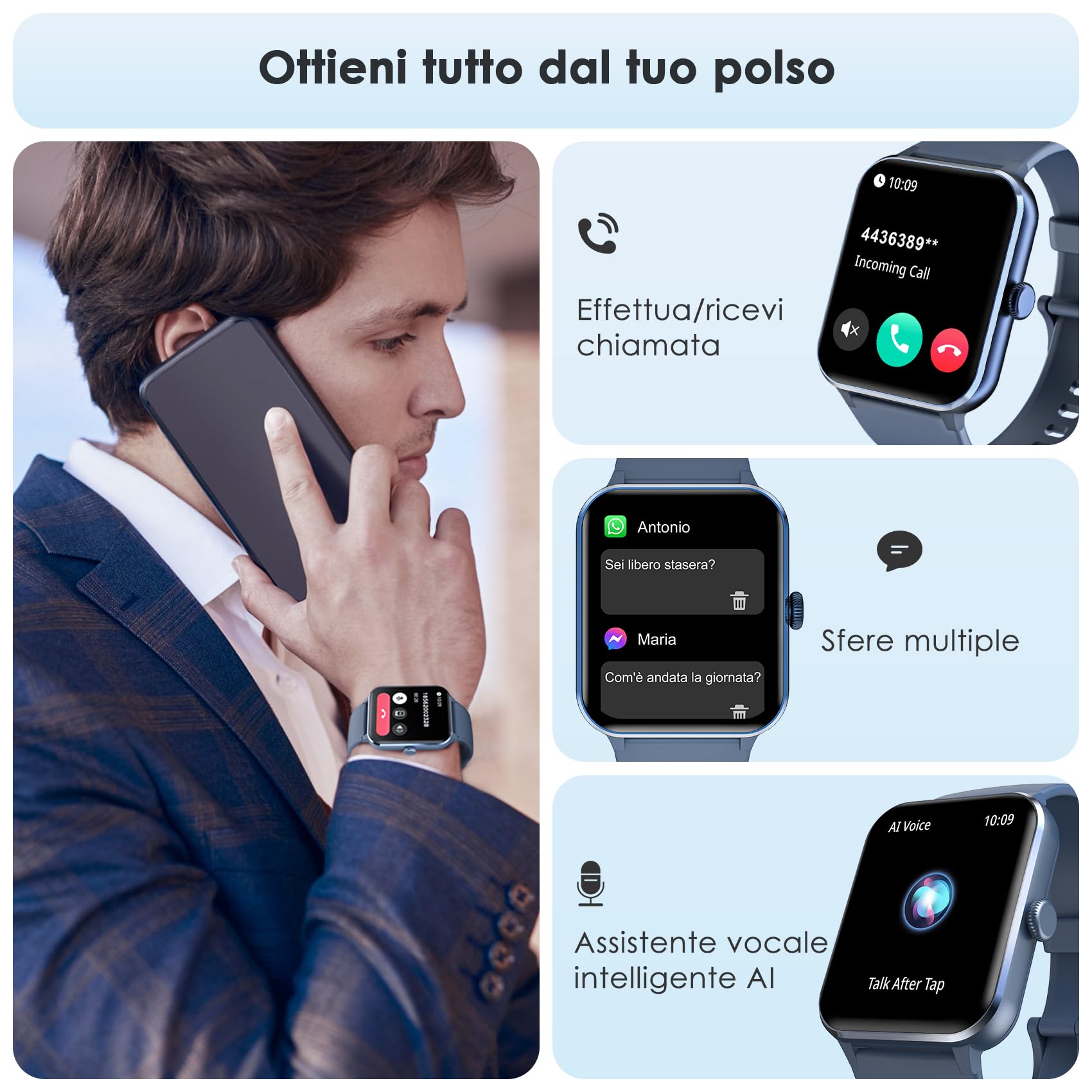 Smartwatch Uomo Donna, Orologio Fitness con Chiamate ,100 Modalità Sportive, 1.85" Smart Watch Monitor del SpO2/Sonno, 24H Cardiofrequenzimetro da Polso Fitness Tracker per iOS Android Smartphone