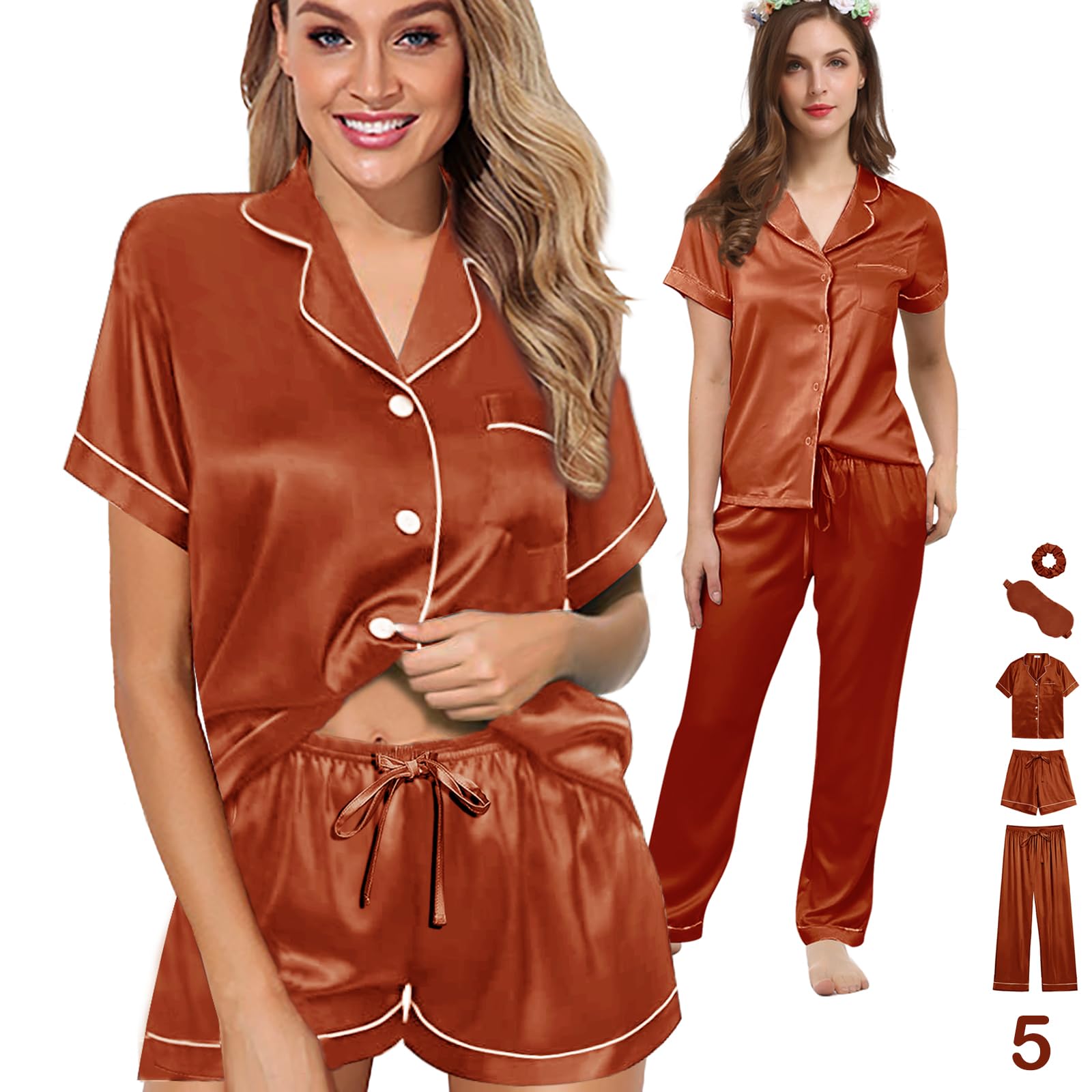 Y WJing Yi Jia 5Pcs Womens Silk Satin Pyjama Sets Short Pj Sets Button Down Pjs Set Pyjamas Sleepwear Loungewear