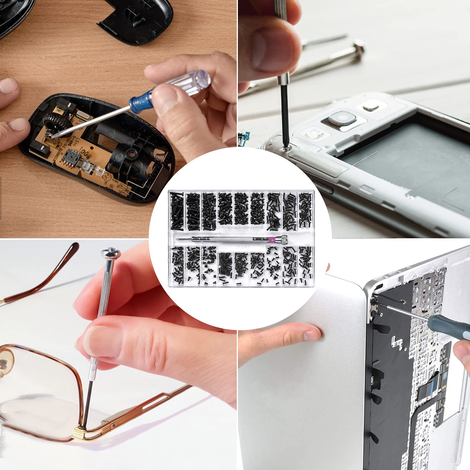 500 sztuk zestaw śrub, wkręty komputerowe, śruby elektroniczne, śruby krzyżowe, okrągłe, wkręty samogwintujące, śruby z płaską łbem, śruba ze stali nierdzewnej do okularów biżuterii (czarny)