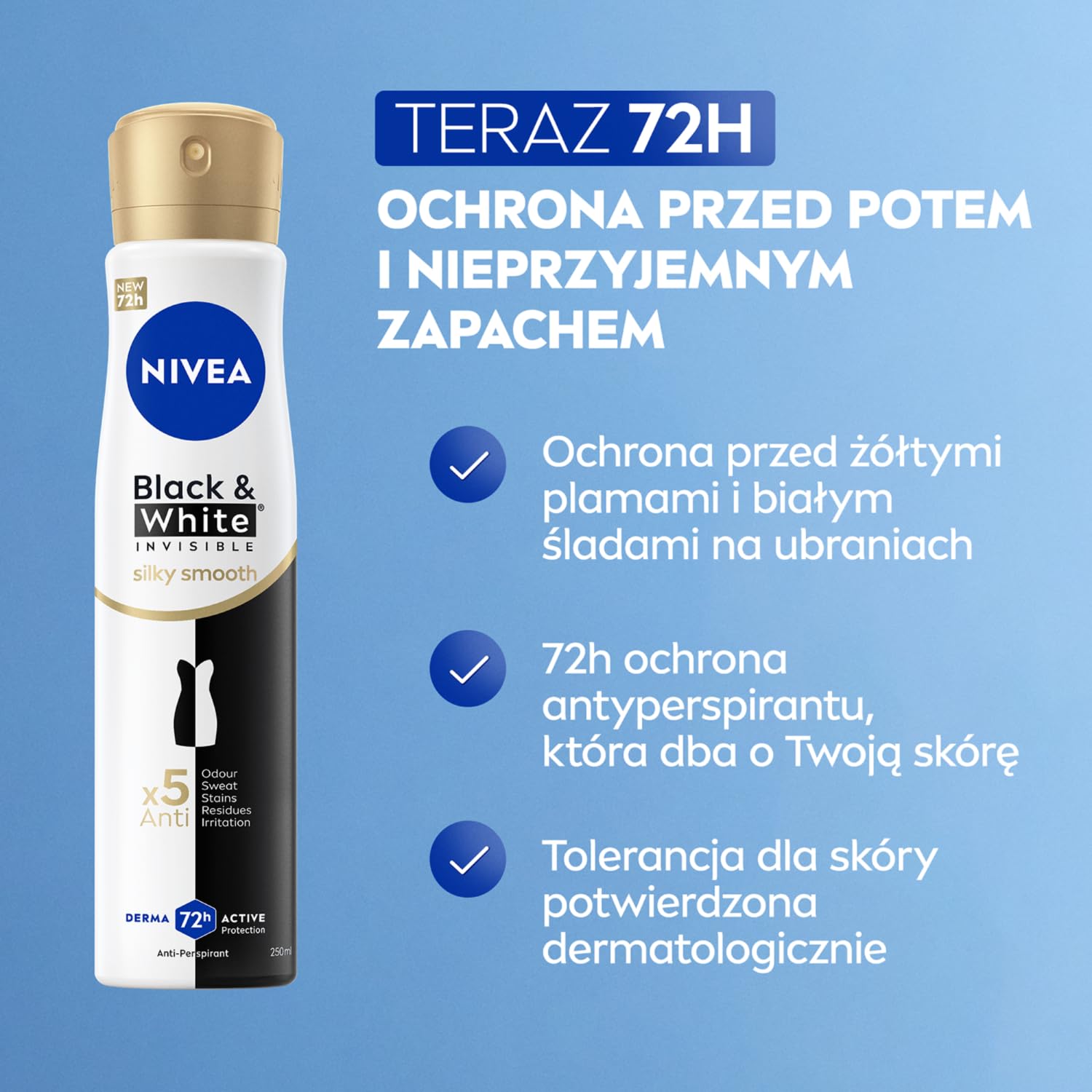 NIVEA Antiperspirant Black&White Invisible Silky Smooth spray, 250 ml (Packung mit 5)