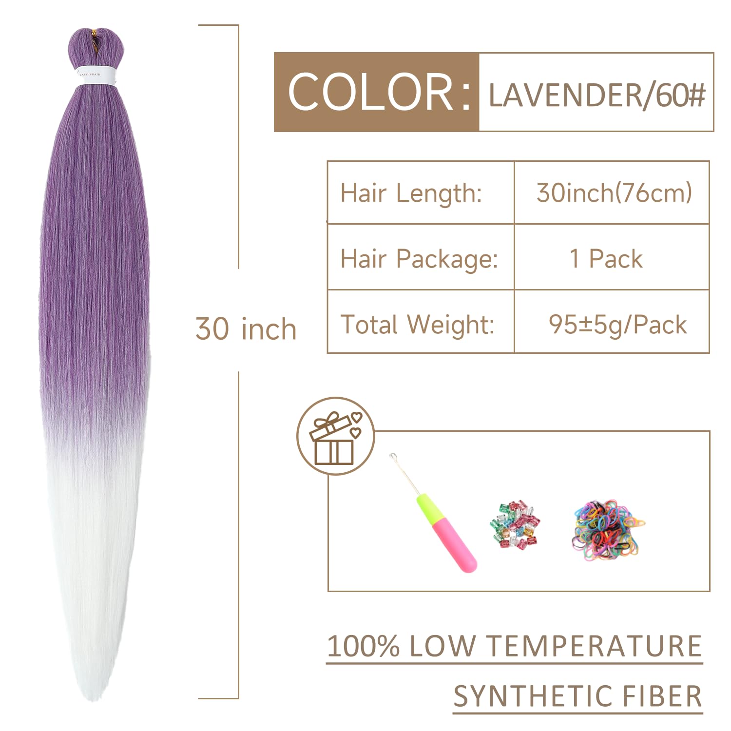 ShowJarlly Pre Stretched Braiding Hair 30 Inch Knotless Braiding Extensions 1pack Easy Braids Hot Water Setting DIY Box Braids Yaki Textured Crochet Hair Braiding (30inch,Lavender/60#) - Image 2
