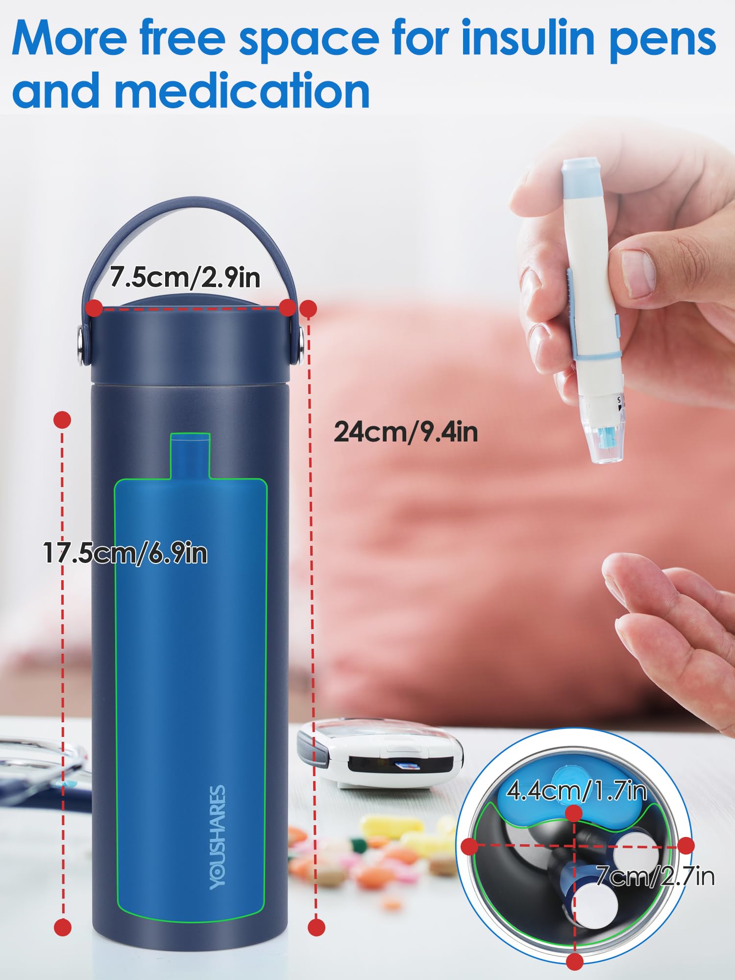 YOUSHARES 24H Insulin Cooler Travel Case Insulin Pen Cooler Bottle, 1-5 Pens Refrigerated Medicine Travel Case with TSA Approved Ice Pack, Portable Diabetes Travel Case for Long Trip and Daily
