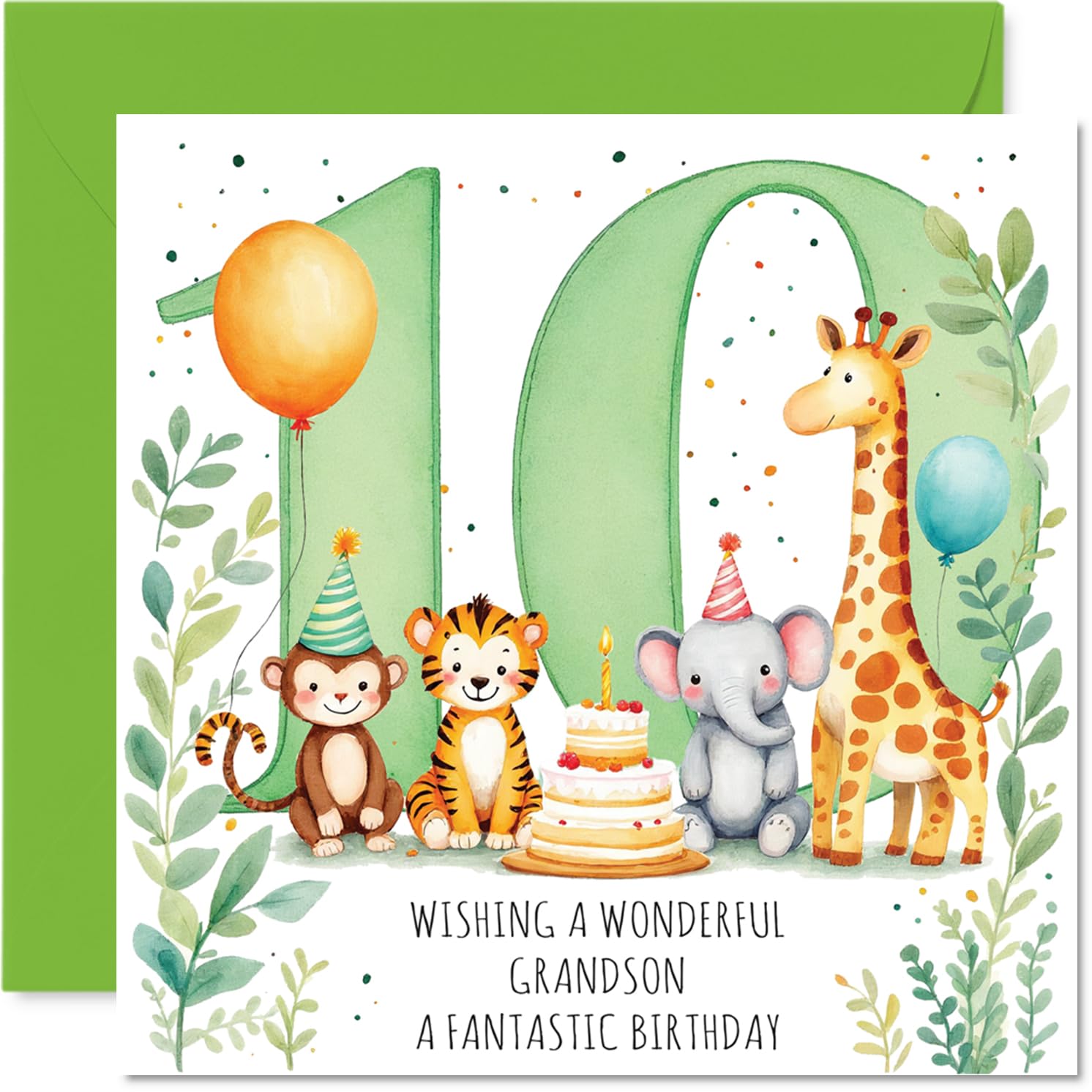 Playful 10th Birthday Card for Grandson - Full of Birthday Cheer - Colourful Animals Partying in a Vibrant Jungle Scene - 145mm Square, Envelope Included