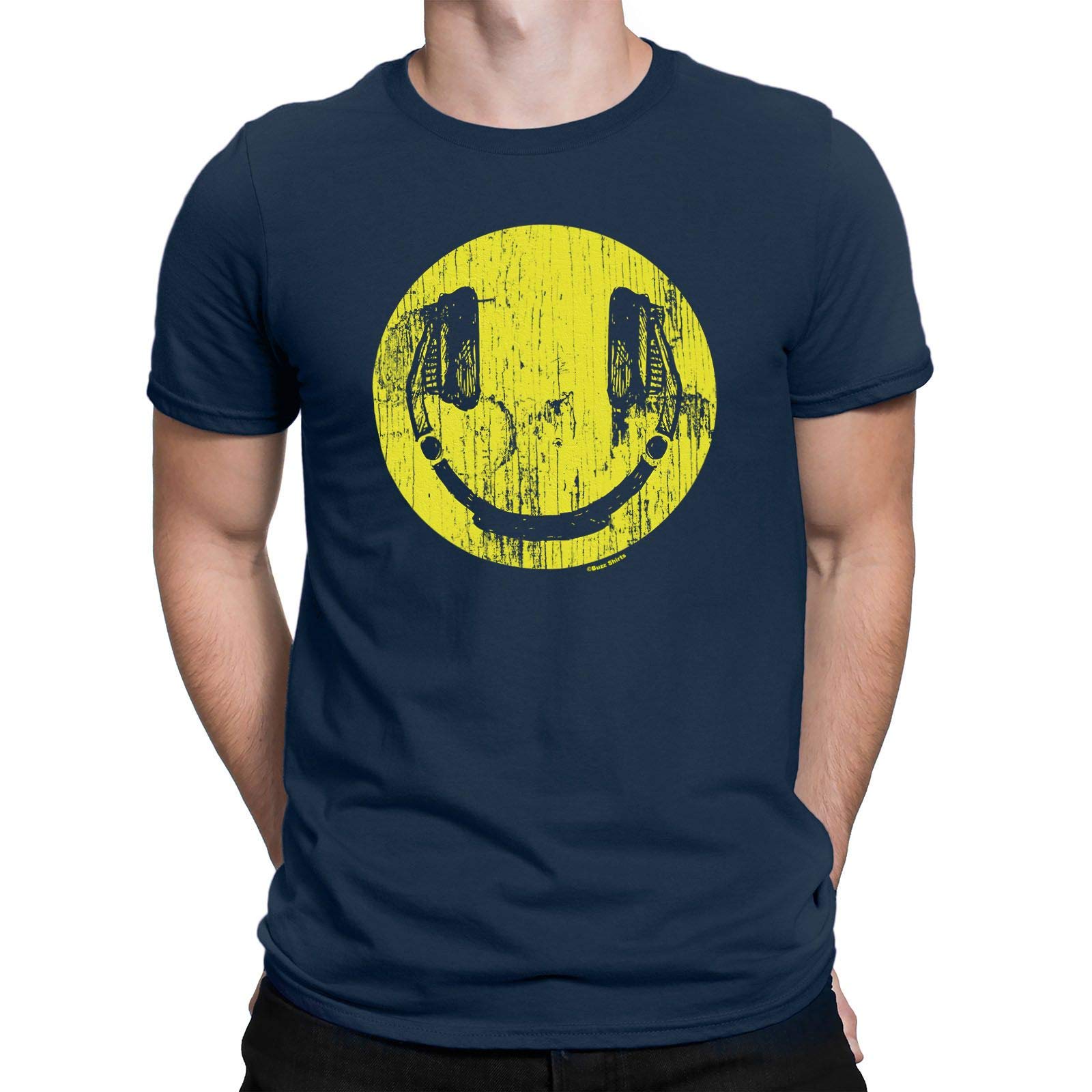 Buzz Shirts Men's Navy Headphones Face, Organic Cotton Funny Music T-Shirt Dj Festival Top