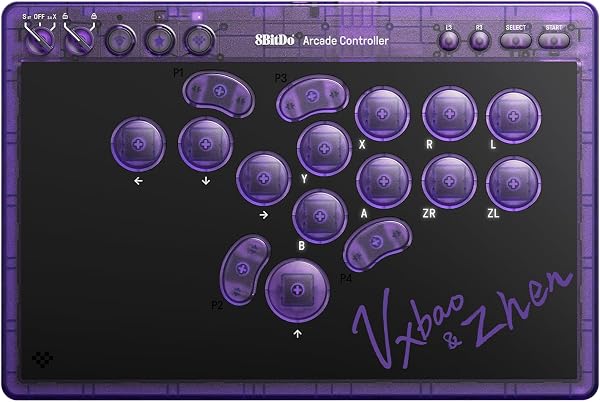 8BitDo All-Button Arcade Controller for Switch & Windows – 3 Connection Modes, Low-profile Linear Switches, 4 Programmable Buttons, Hot-swappable PCB - Transparent Purple Signature Edition - 1
