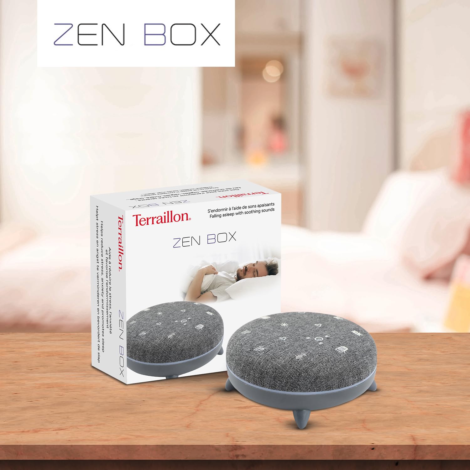 TERRAILLON ZEN BOX Machine à Bruit Blanc 7 sons apaisants Bluetooth 8 ambiances lumineuses programmes 30-60-90 min USB-C