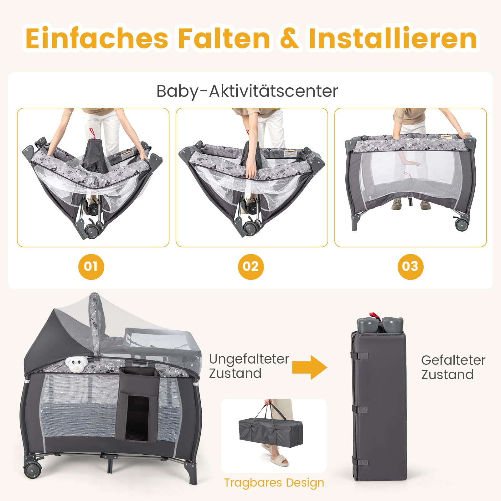 COSTWAY 4 in 1 Beistellbett, tragbares Reisebett mit faltbaren Matratze, Babybett mit Wickeltisch, Baldachin, Spielbogen & Spieluhr, Stubenwagen mit Rollen, Tragetasche für Baby bis 36 Monaten (Grau)