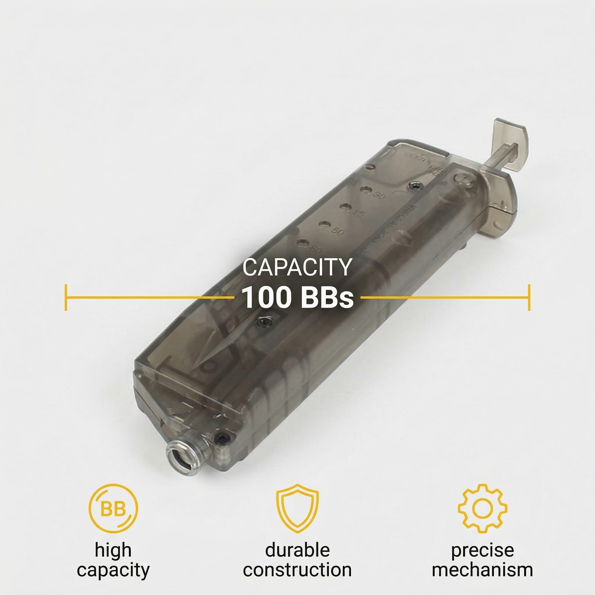 Caricatore Rapido Airsoft per 100 Pallini BB da 6mm con Adattatore Pistola. Design Robusto in Plastica per Ricariche Veloci, Sicure e Precise.
