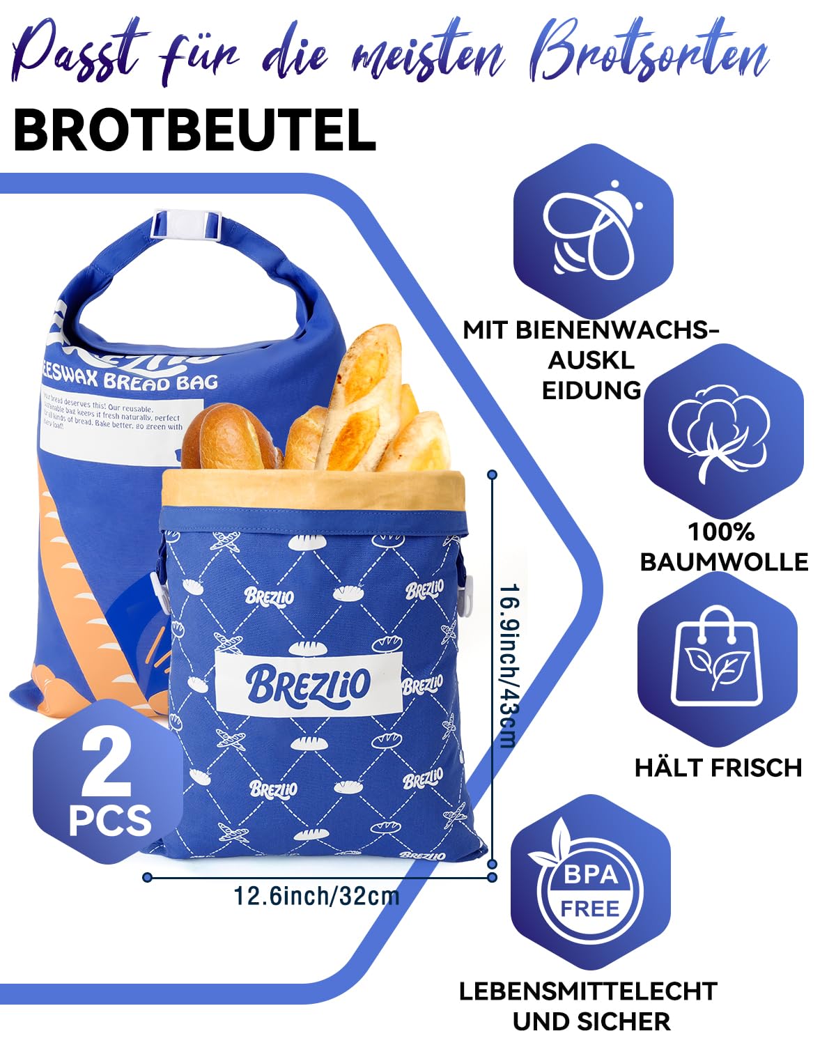 Sacchetti per il pane di cera d'api 2 pezzi – sacchetti di cotone riutilizzabili 32 × 43 cm extra grandi – per mantenere il pane e i prodotti da forno (blu + giallo)