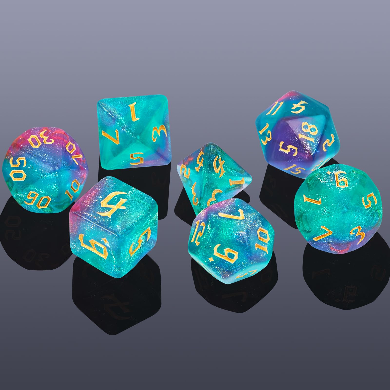 DND Lot de 7 dés polyédriques avec sac à dés noir pour jeux de rôle D&D, RPG, MTG, jeux de table, dés polyédriques pour jeux de Donjons et Dragons (vert et violet + dés nébuleuses)